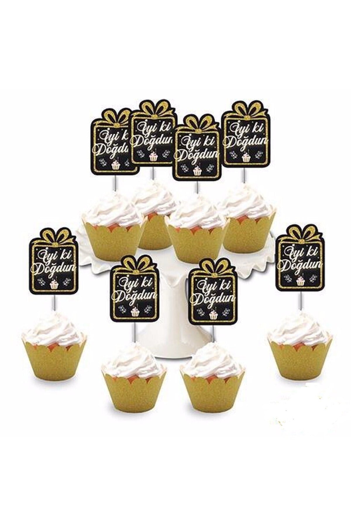 Iyi Ki Doğdun Temalı 8li Simli Deluxe Muffin Kalıbı Kürdanı Ikramlık Dekoratif Konsept
