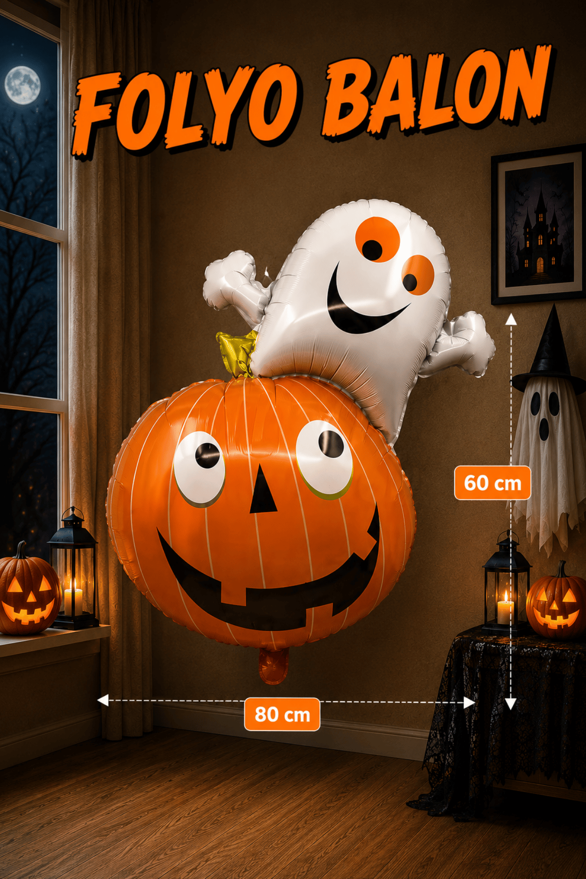 Kabak Hayalet Cadılar Bayramı Folyo Balonu Halloween Partisi Turuncu Beyaz Renkli 80x60 Cm Süs