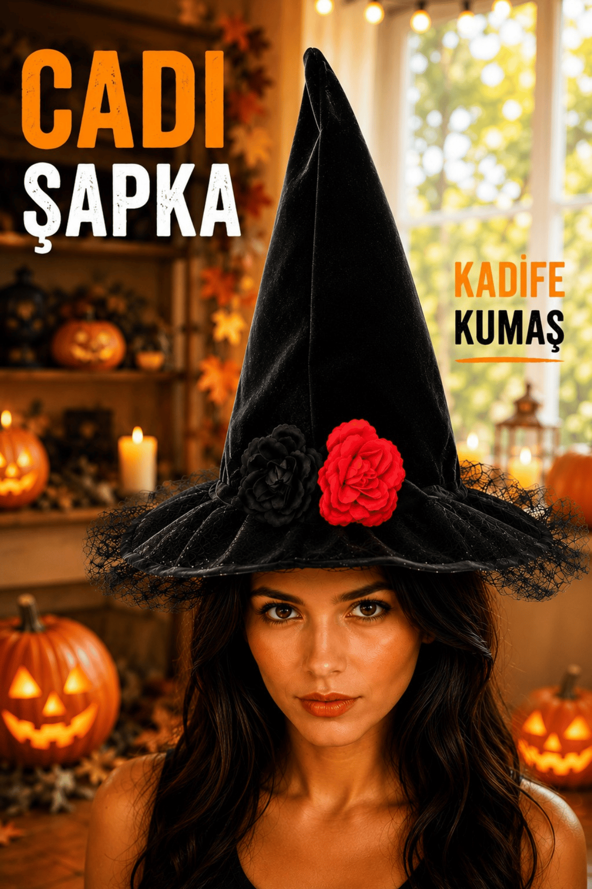 Kadife Kumaş Cadı Şapkası Çiçekli Siyah Halloween Cadılar Bayramı Yetişkin Parti Kostüm Aksesuarı