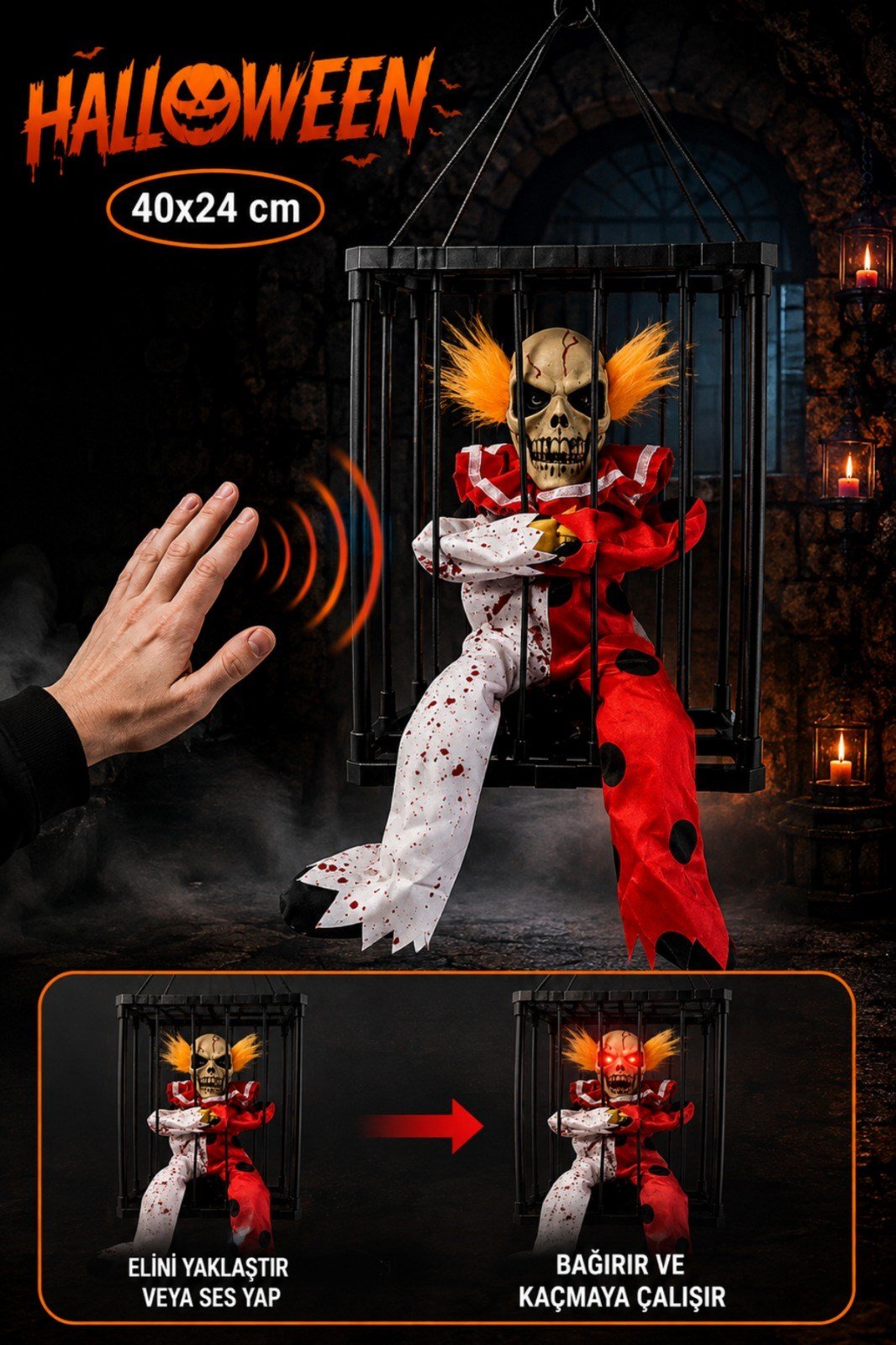 Kafes İçinde Korkunç Palyaço Hareketli Sese Duyarlı Işıklı 40x24 Cm Pilli Cadılar Bayramı Halloween