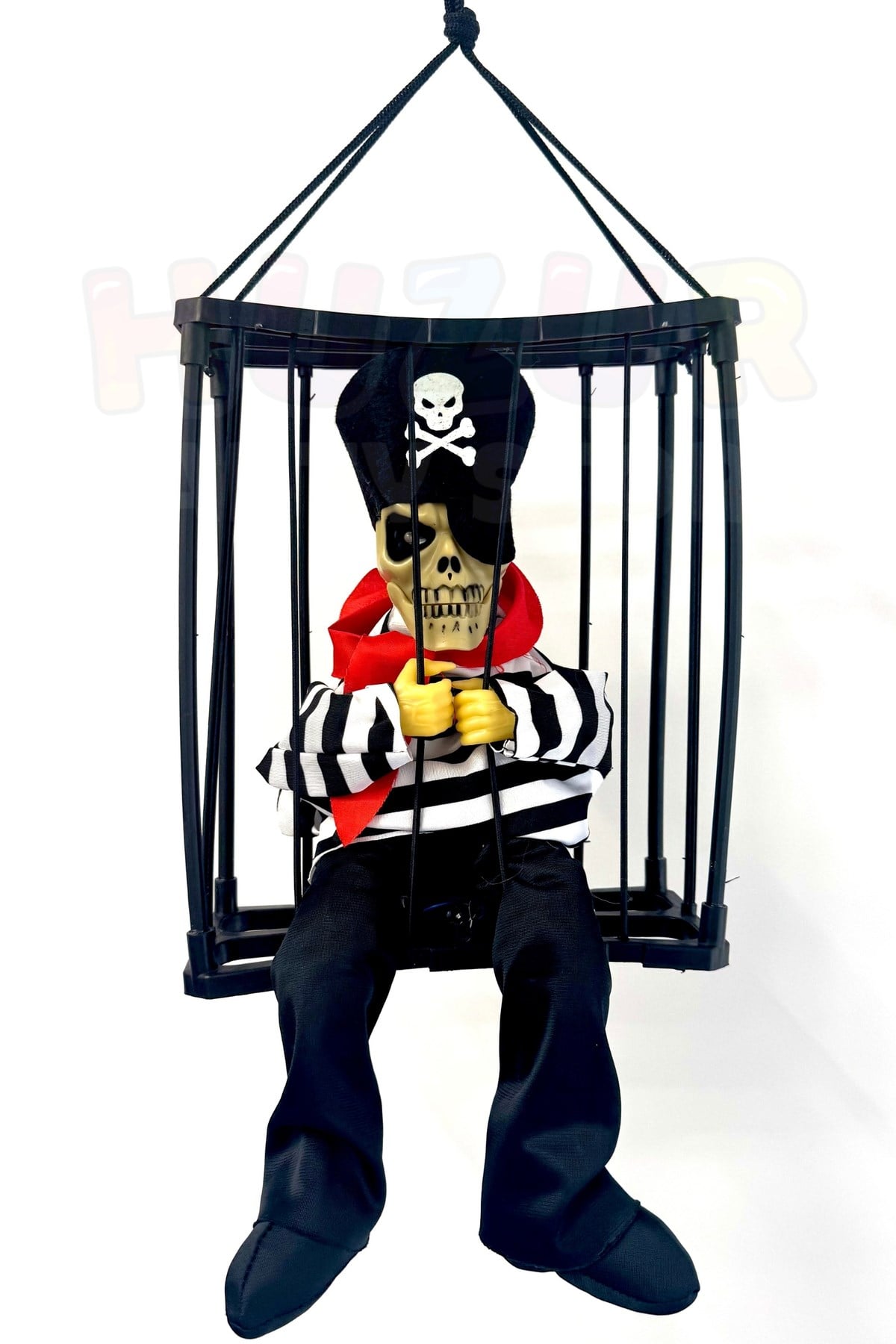 Kafes İçinde Korsan Hareketli Sese Duyarlı Işıklı 40x24 Cm Pilli Cadılar Bayramı Halloween Dekor