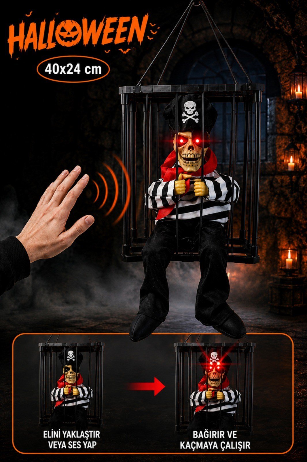 Kafes İçinde Korsan Hareketli Sese Duyarlı Işıklı 40x24 Cm Pilli Cadılar Bayramı Halloween Dekor