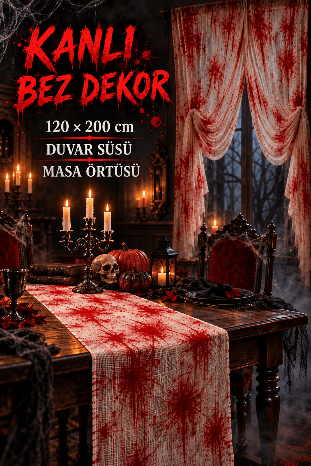 Kanlı Bez Dekor 120x200 cm Halloween Masa Örtüsü Duvar Süsü Cadılar Bayramı Korku Parti Aksesuarı