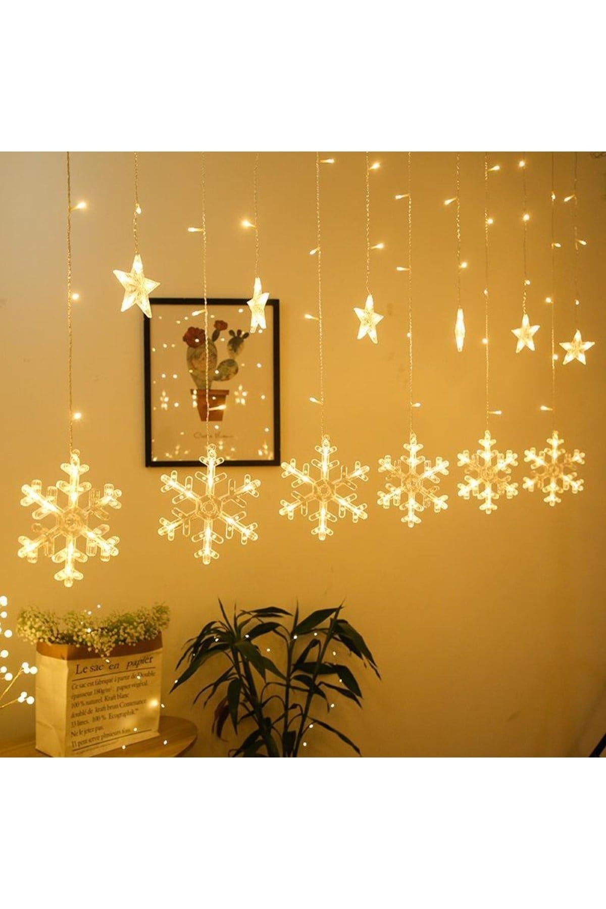 Kar Tanesi Yıldız Günışığı Ramazan Bayramı Perde Led Süsü 3 Metre Sarı Işıklı Fişli 8 Fonksiyonlu