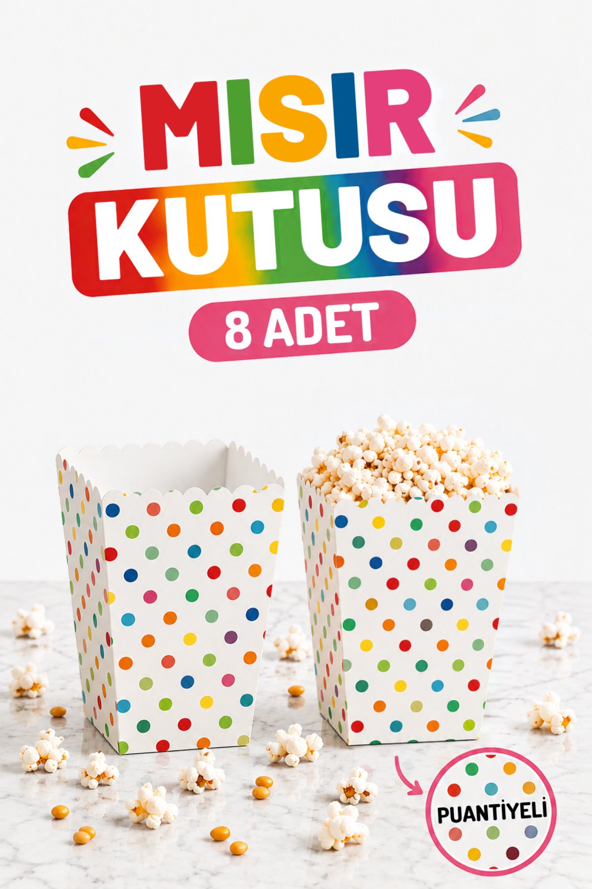 Karışık Renkli Puantiyeli Mısır Kutusu 8li Karton Cips Kutusu 8 Adet Pop Corn Darı Kabı