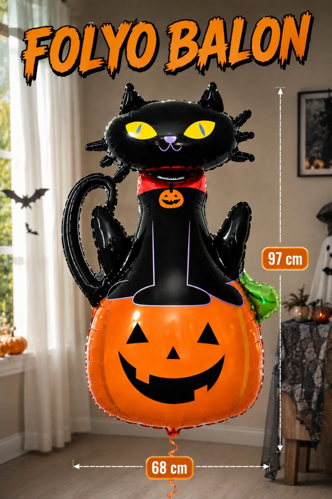 Kedi Kabak Folyo Balon 68x97 Cm Halloween Partisi Cadılar Bayramı Dekoratif Balon Helyuma Uyumlu