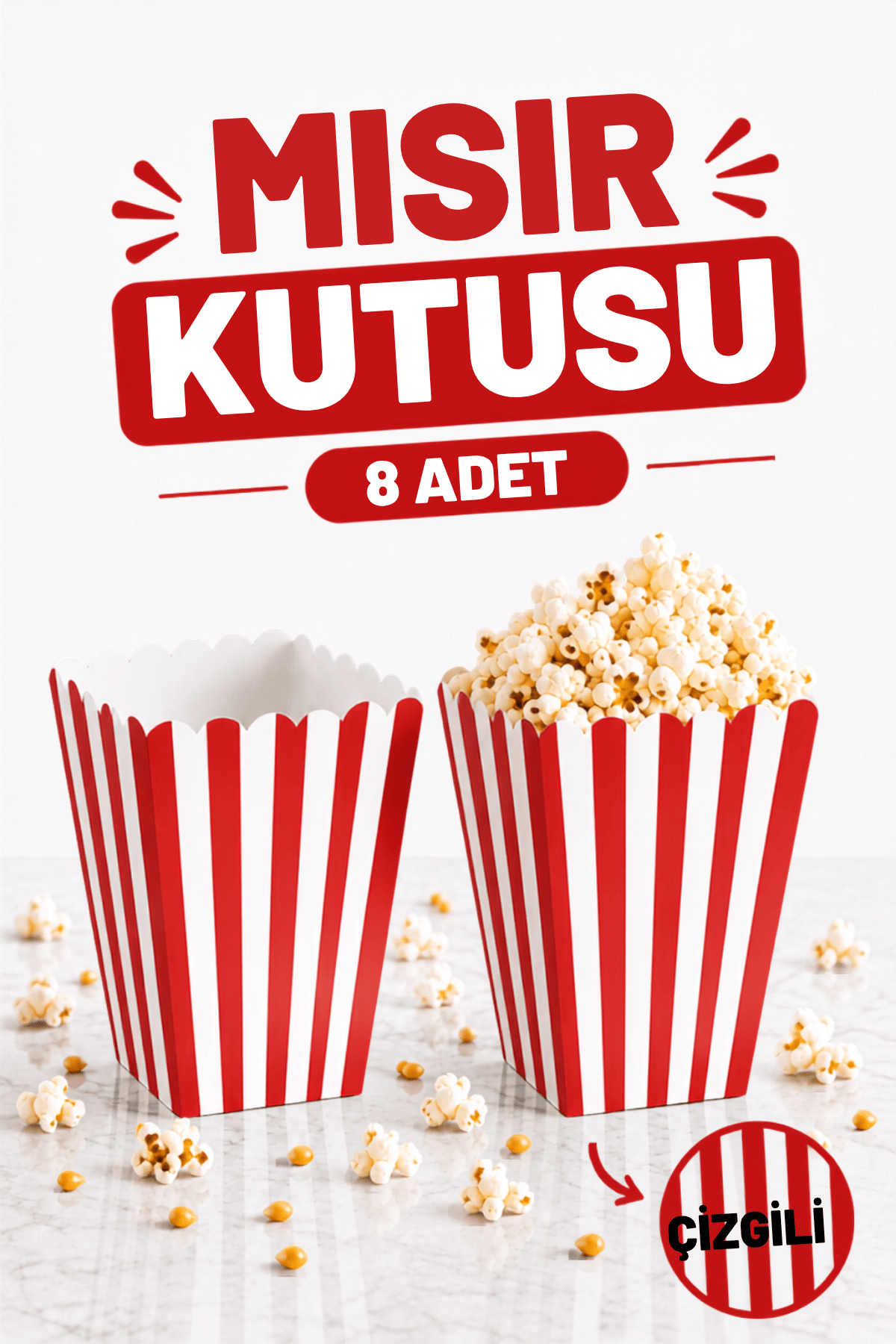 Kırmızı Çizgili Beyaz Mısır Kutusu 8li Karton Cips Kutusu 8 Adet Pop Corn Darı Kabı