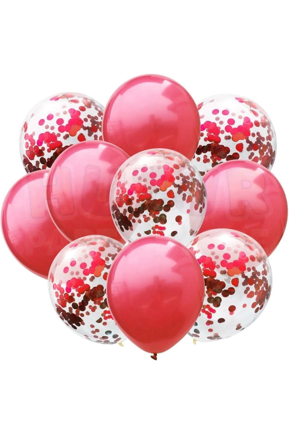 Kırmızı Konfetili Şeffaf Ve Kırmızı Metalik Balon Seti 20 Adet 30 Cm Içi Gözüken Pullu Balon Pulu