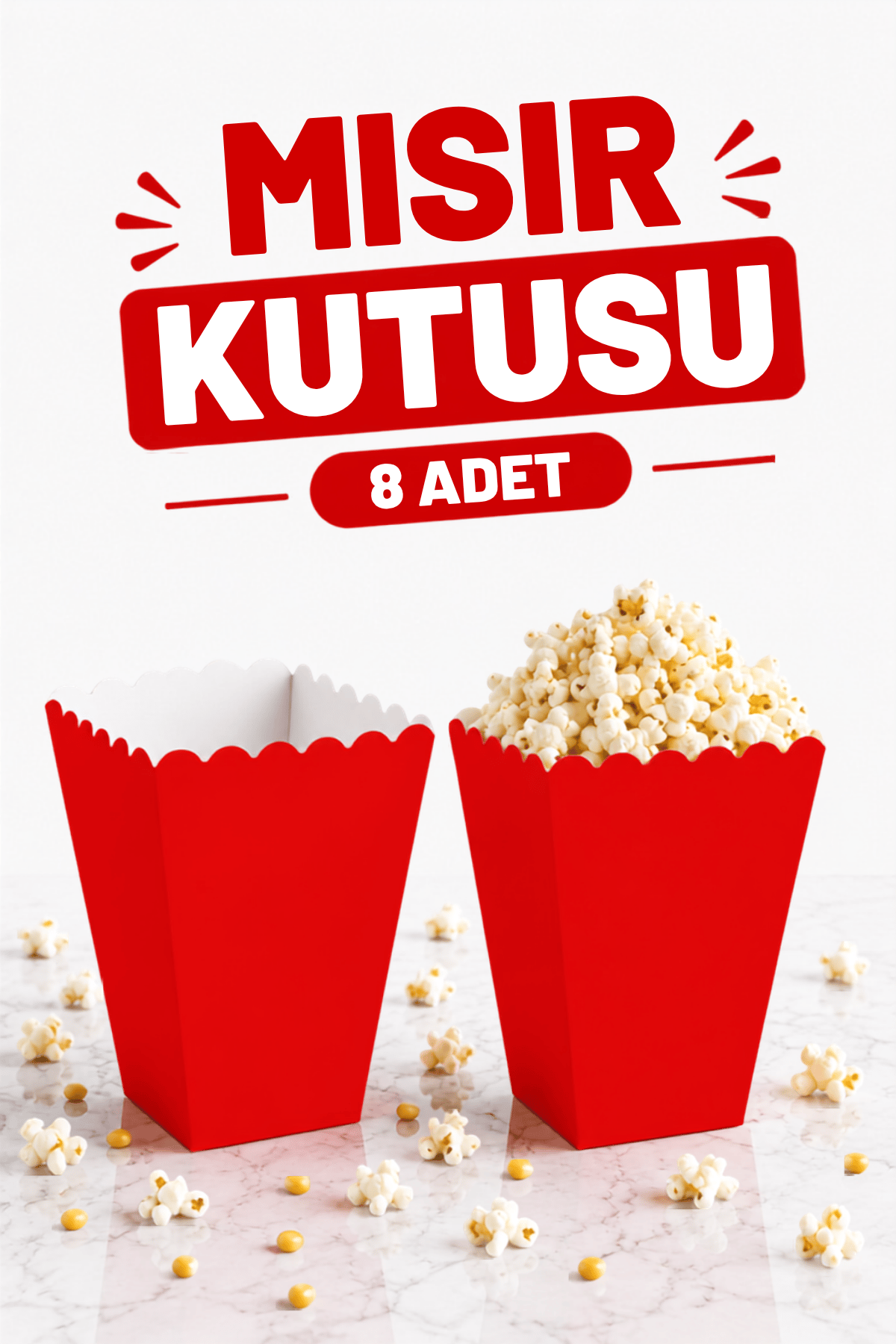 Kırmızı Mısır Kutusu 8li Karton Cips Kutusu Düz Renkli 8 Adet Pop Corn Darı Kabı