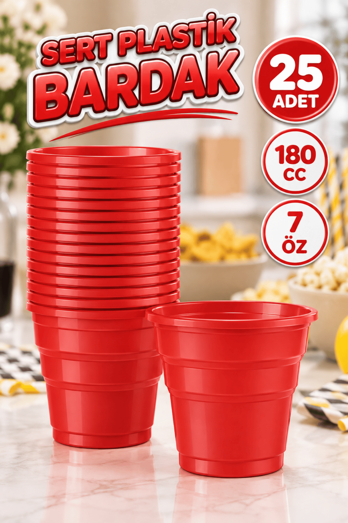 Kırmızı Renk 25 Li Plastik Bardak 180 Cc 7 Oz Sert Doğum Günü Partisi Meşrubat Bardağı