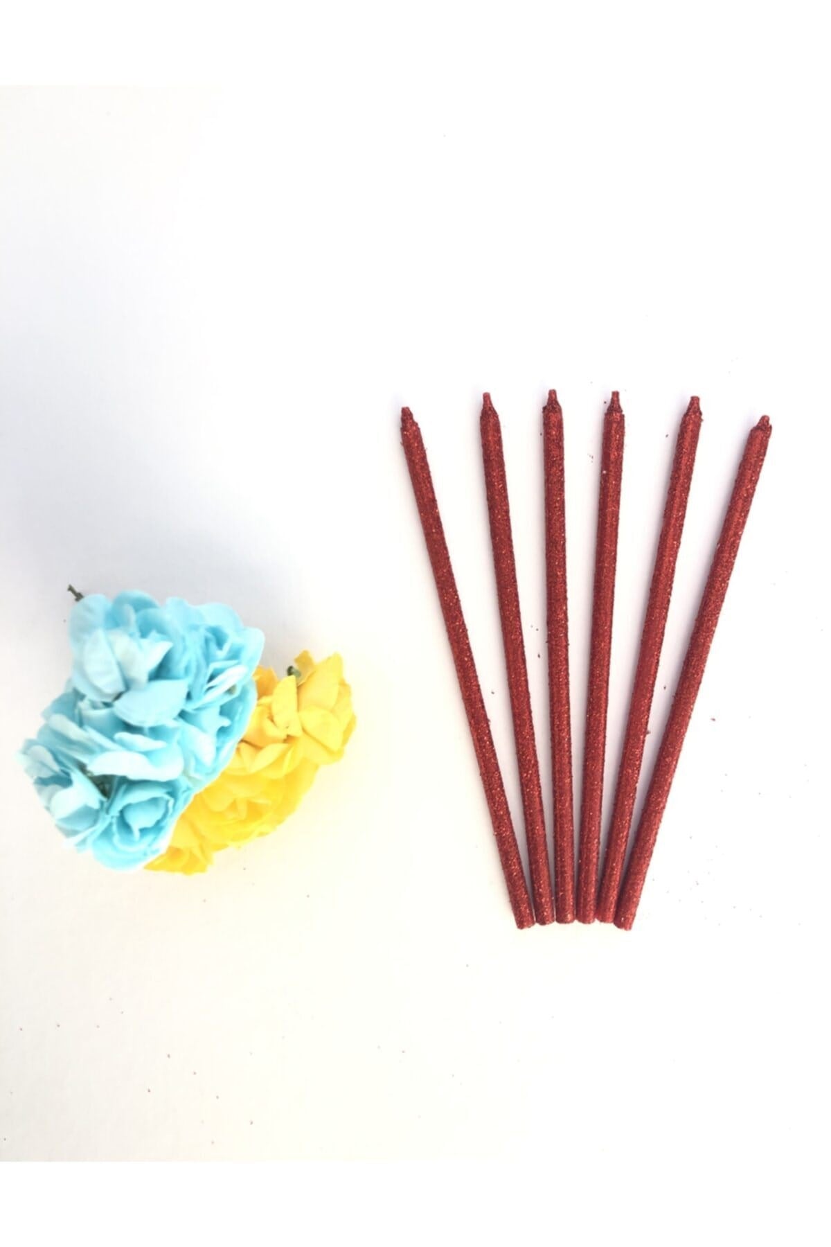 Kırmızı Renkli 14 Cm Simli Göz Alıcı Ince Kibar Işıl Işıl 6 Lı Doğum Günü Parti Pasta Kek Mumu