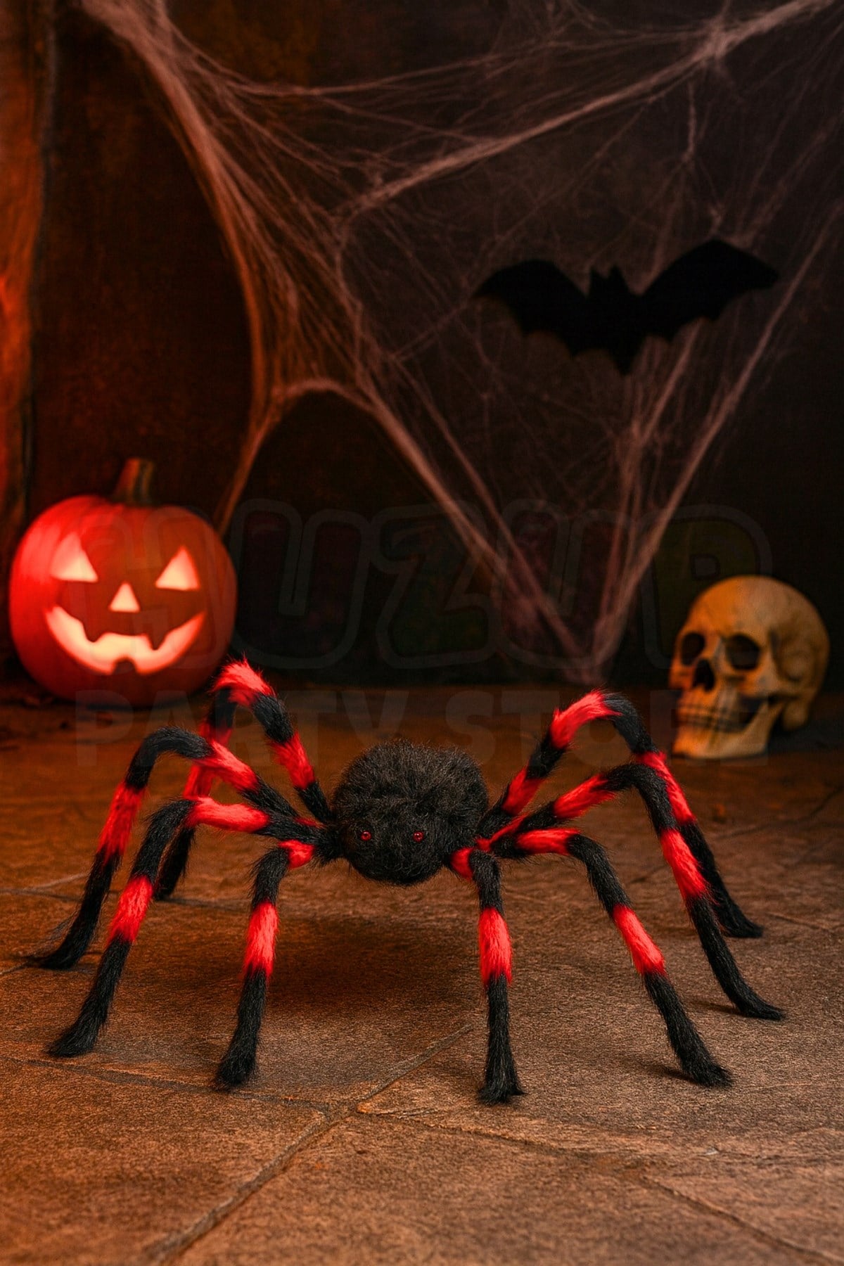 Kırmızı Siyah Renk Kırmızı Gözlü Örümcek Halloween Partisi Cadılar Bayramı 70 Cm Tüylü Gerçekçi