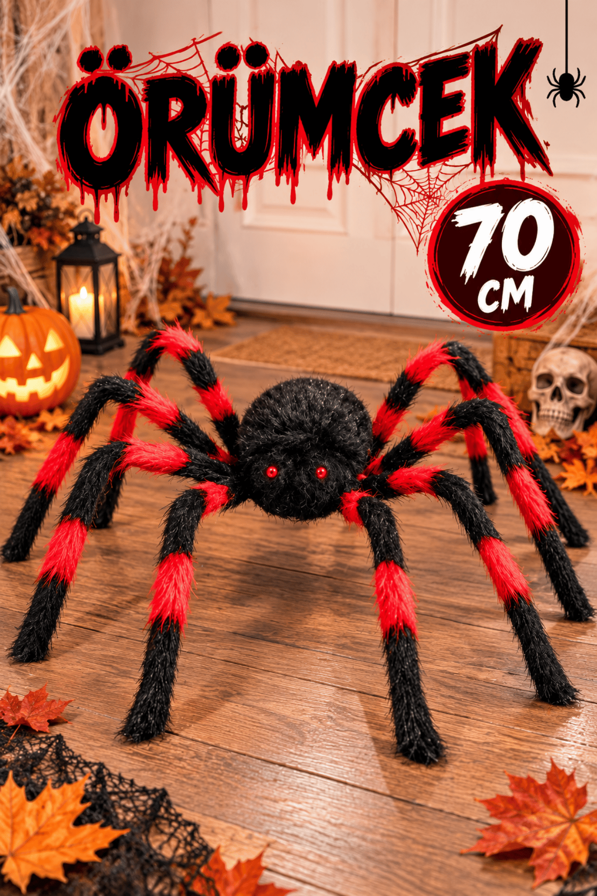 Kırmızı Siyah Renk Kırmızı Gözlü Örümcek Halloween Partisi Cadılar Bayramı 70 Cm Tüylü Gerçekçi