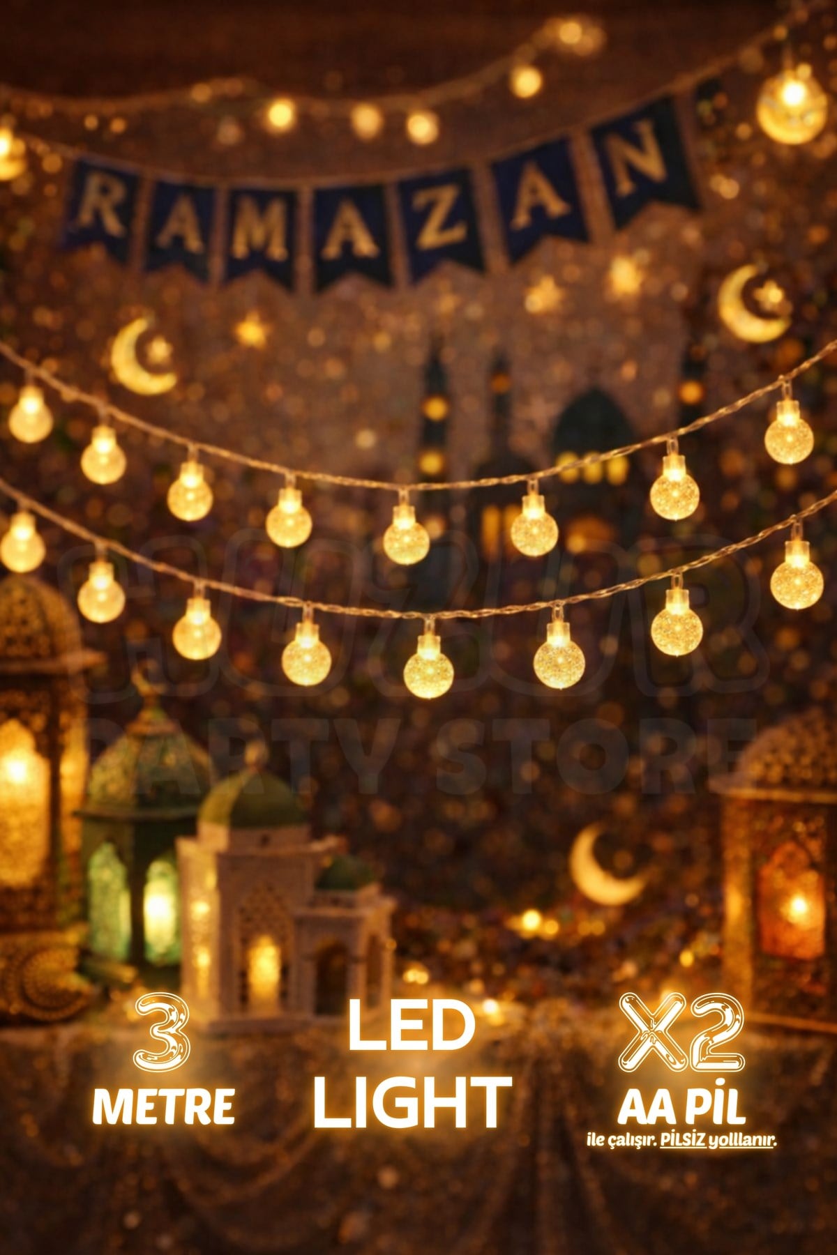 Kristalize Top Led Işık 3 Metre Hoşgeldin Ramazan Bayramı Dekorasyonu 20 Ledli Günışığı Pilli Süs