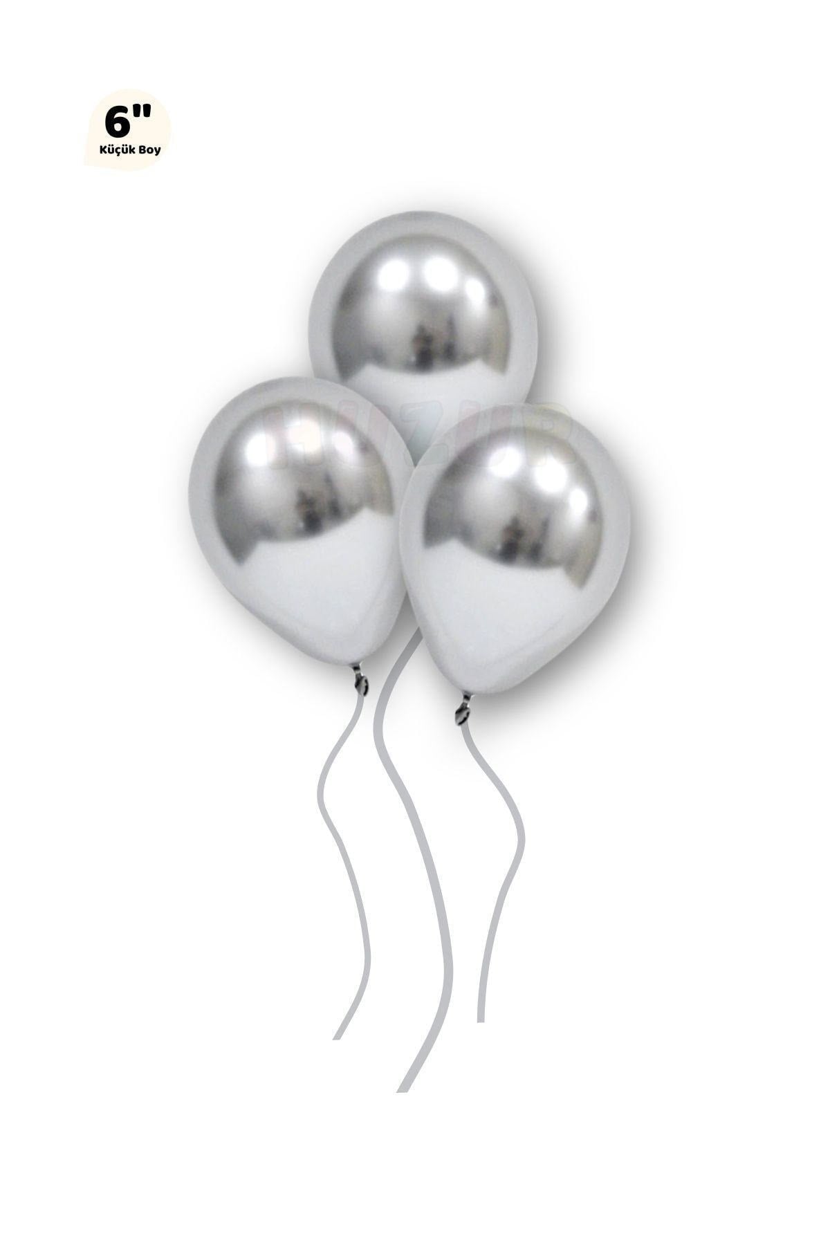 Küçük Mini Boy Gümüş Renkli Krom Balon 10 Adet 6 Inç 15 Cm Gri Silver Çok Parlak Doğum Günü Balonu
