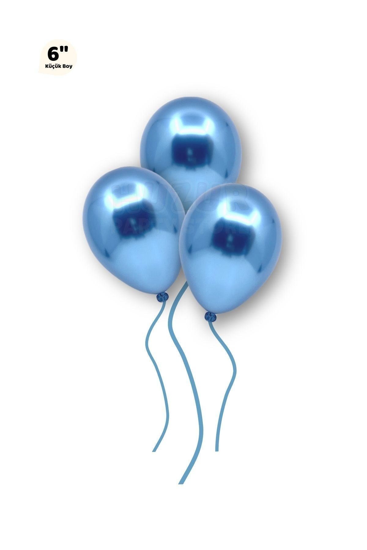 Küçük Mini Boy Mavi Renkli Krom Balon 10 Adet 6 Inç 15 Cm Doğum Günü Parlak Cinsiyet Partisi Balonu