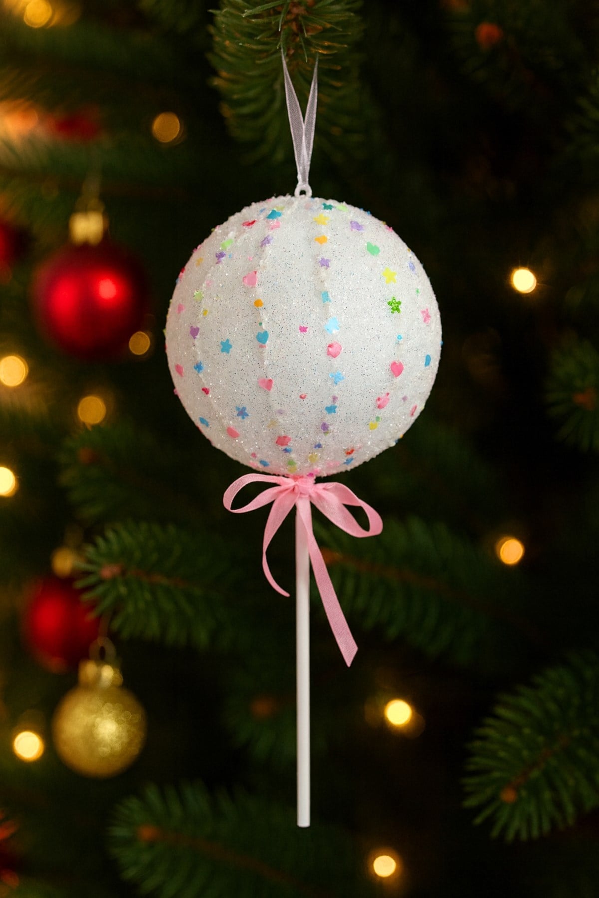 Lolipop Şeker 25 Cm Pembe Fiyonklu Renkli Mini Yıldız Kalp Figürlü Tatlı Yılbaşı Çam Ağacı Süsü