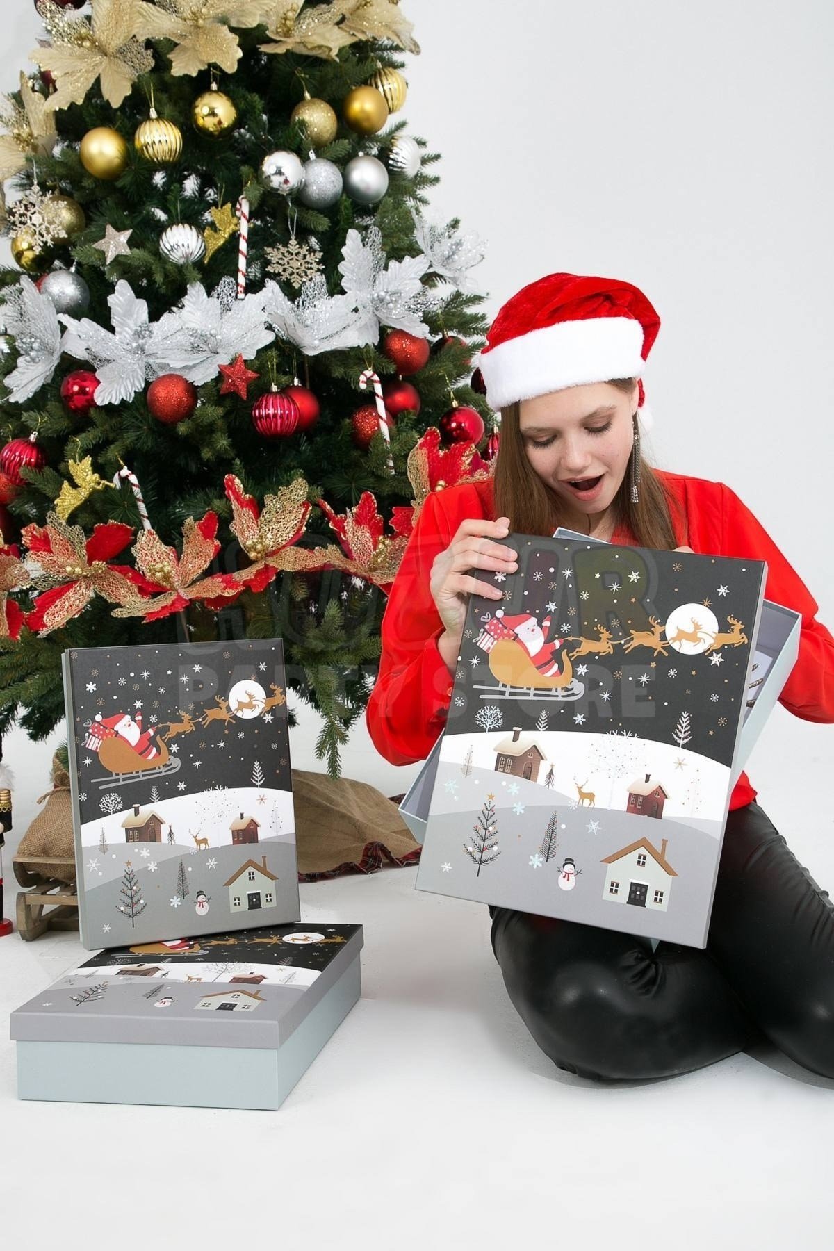 Lüks Yılbaşı Hediyelik Hediye Kutusu 3 Lü Set Noel Baba Geyik Baskılı Karlı Yılbaşı Şehri Temalı