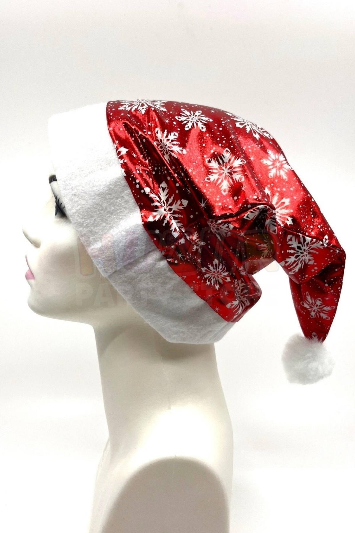 Lüx Polyester Yılbaşı Noel Baba Şapkası Parlak Ucu Ponponlu Yeni Yıl Beyaz Kar Tanesi Baskılı