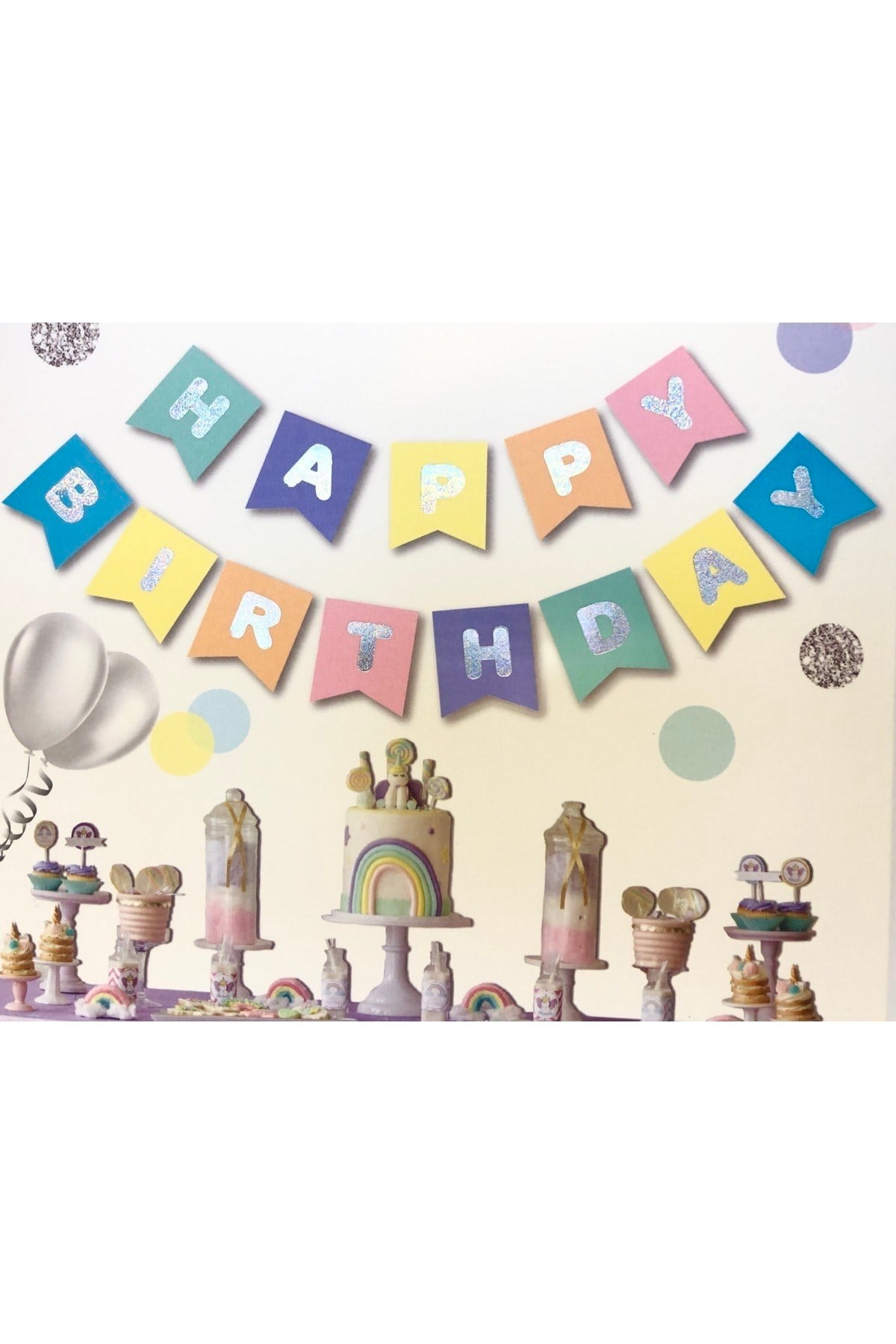 Makaron Renkler Üstüne Hologramlı Happy Birthday Yazılı Doğum Günü Partisi Karton Yazı Banner