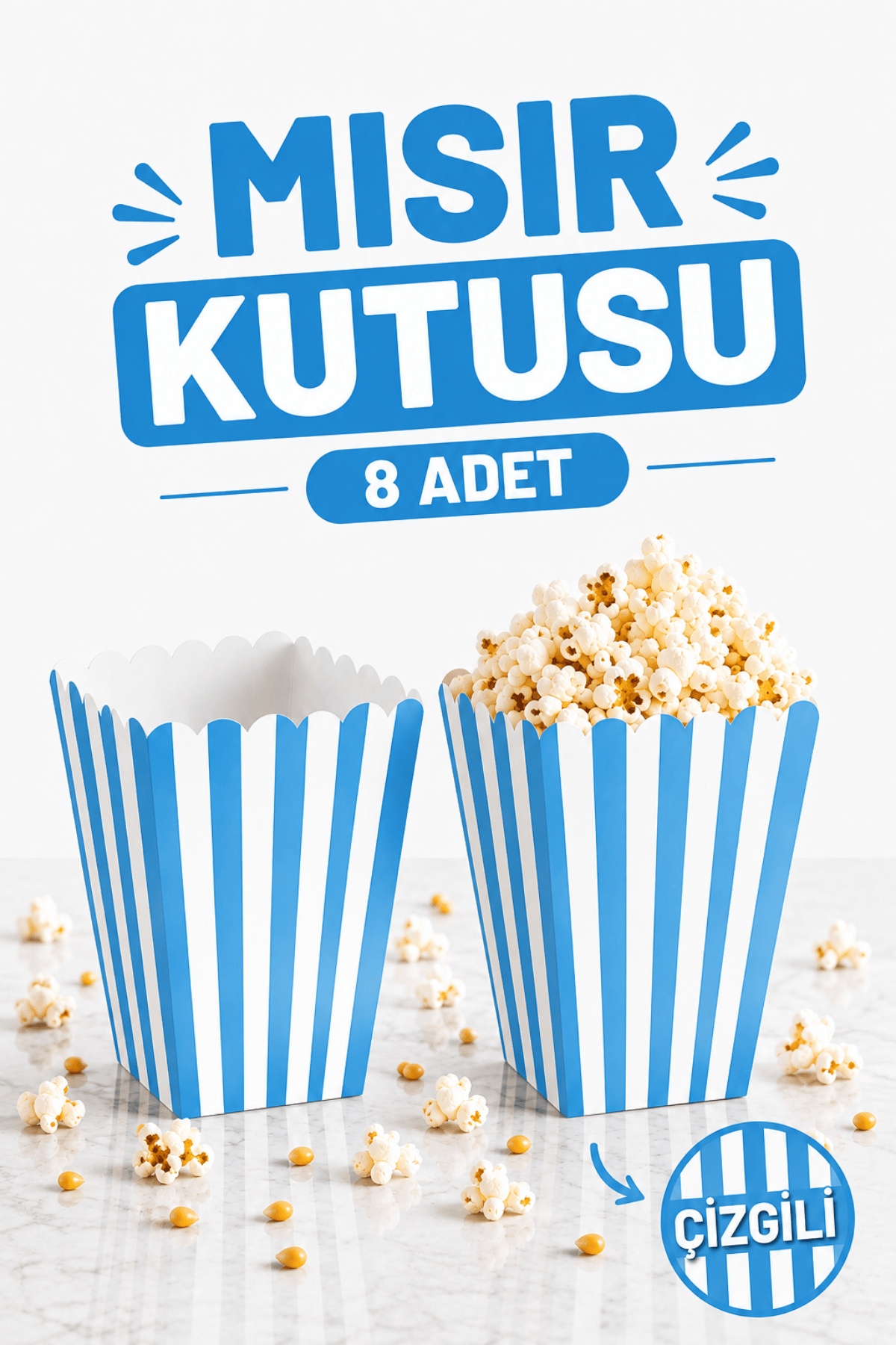Mavi Çizgili Beyaz Mısır Kutusu 8li Karton Cips Kutusu 8 Adet Pop Corn Darı Kabı