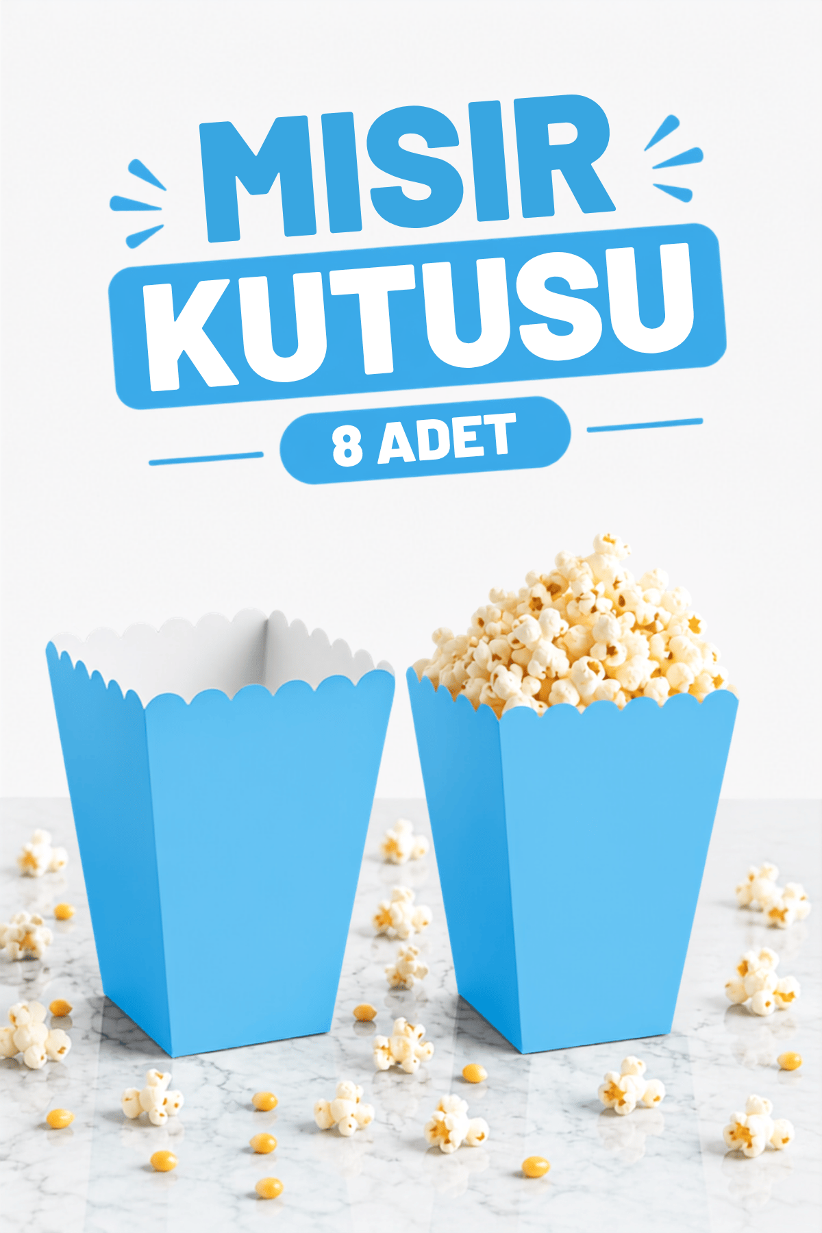Mavi Mısır Kutusu 8li Karton Cips Kutusu Düz Renkli 8 Adet Pop Corn Darı Kabı