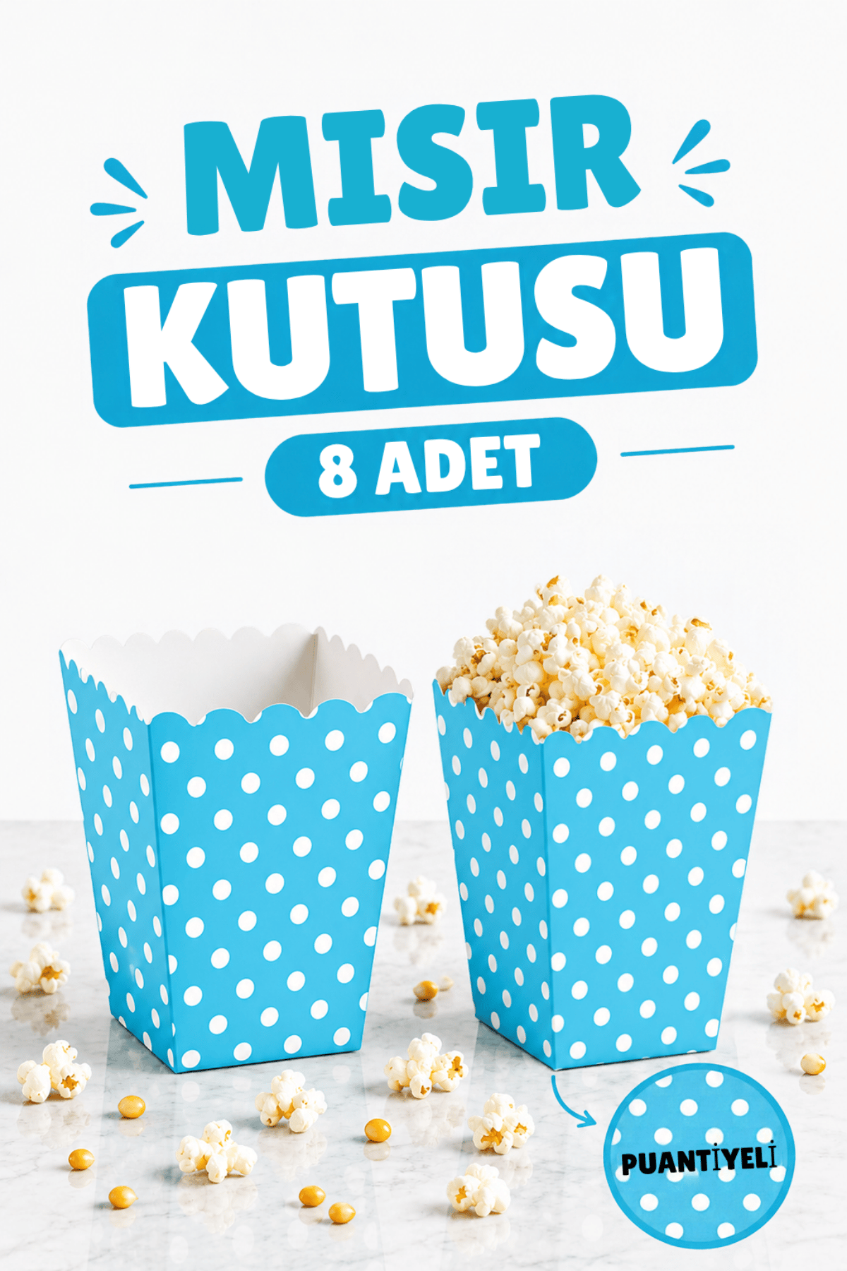 Mavi Puantiyeli Mısır Kutusu 8li Karton Cips Kutusu 8 Adet Pop Corn Darı Kabı