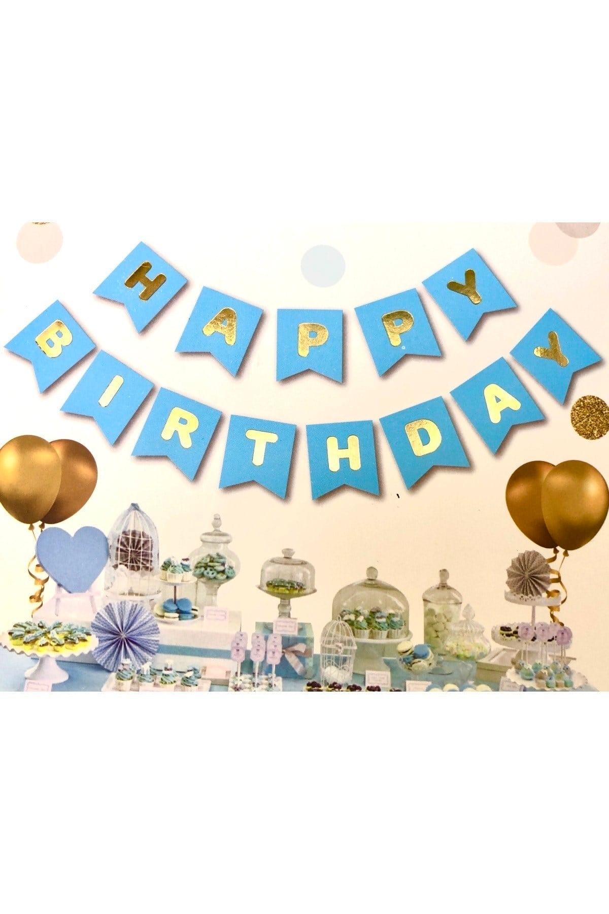 Mavi Üstüne Gold Altın Sarısı Yaldızlı Happy Birthday Yazılı Doğum Günü Partisi Karton Yazı Banner