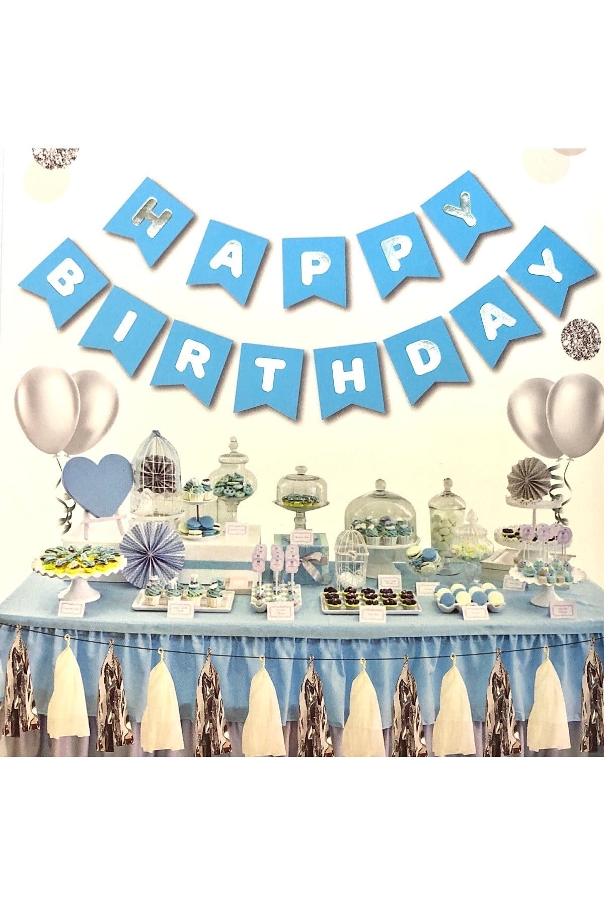 Mavi Üstüne Gümüş Gri Yaldızlı Happy Birthday Yazılı Doğum Günü Partisi Karton Ipli Yazı Banner