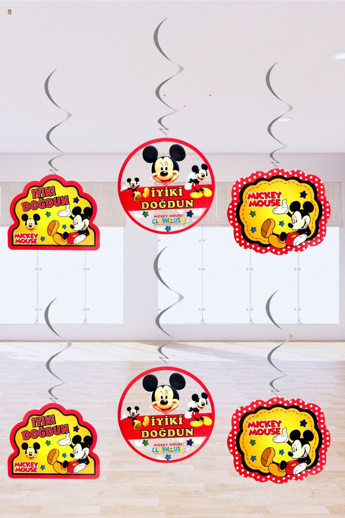 Mickey Mouse Temalı Fare Karakterli Iyiki Doğdun Yazılı 6lı 70 Cm Çift Taraflı Sarkıt Tavan Süs