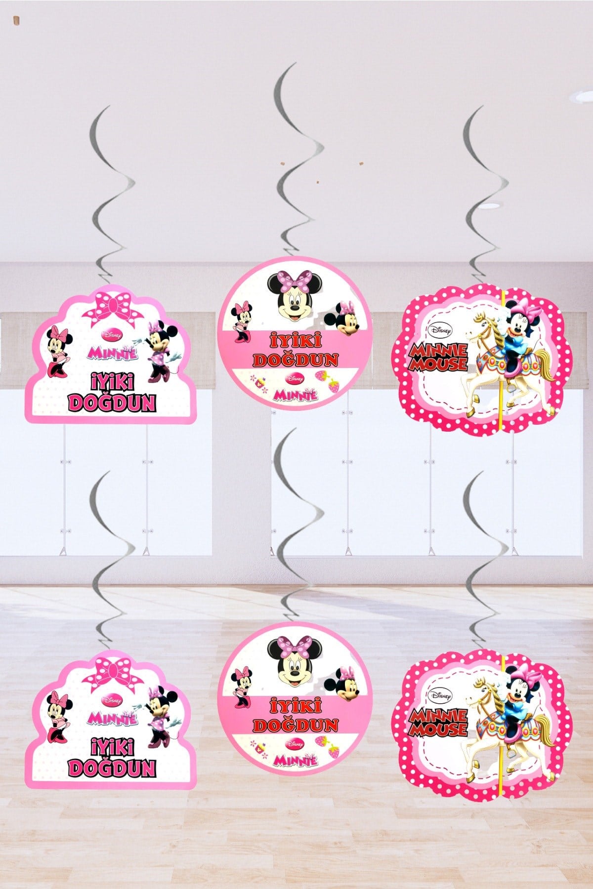 Minnie Mouse Temalı Fare Karakterli Iyiki Doğdun Yazılı 6lı 70 cm Çift Taraflı Sarkıt Tavan Süs