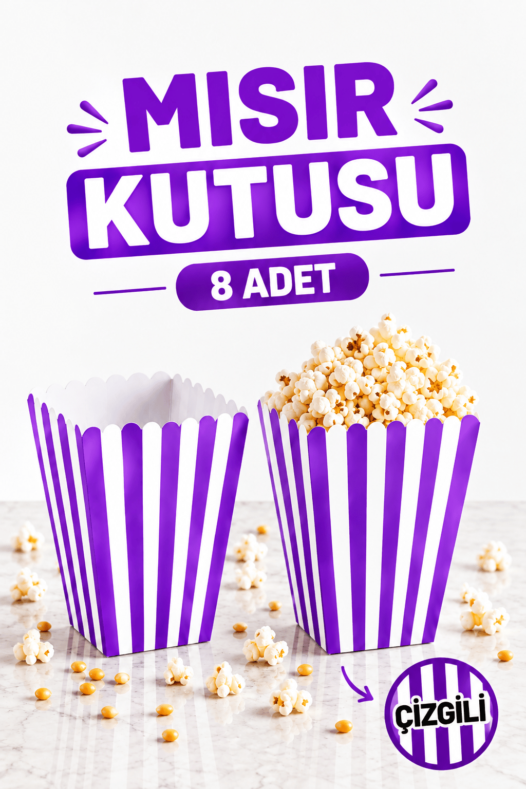 Mor Çizgili Beyaz Mısır Kutusu 8li Karton Cips Kutusu 8 Adet Pop Corn Darı Kabı