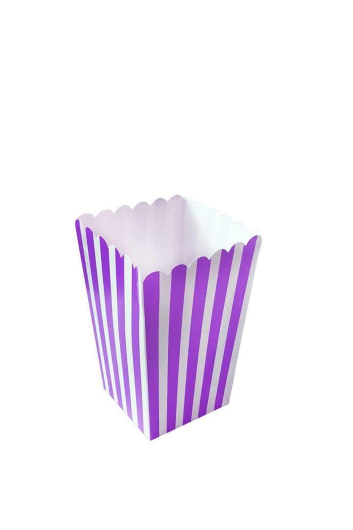 Mor Çizgili Beyaz Mısır Kutusu 8li Karton Cips Kutusu 8 Adet Pop Corn Darı Kabı