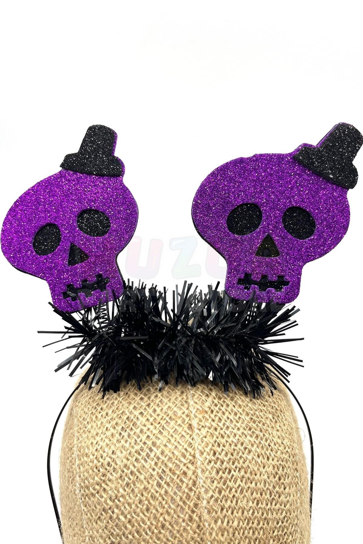 Mor Renkli Kuru Kafalı Taç Siyah Sim Detaylı Simli Halloween Partisi Cadılar Bayramı Tacı Unisex