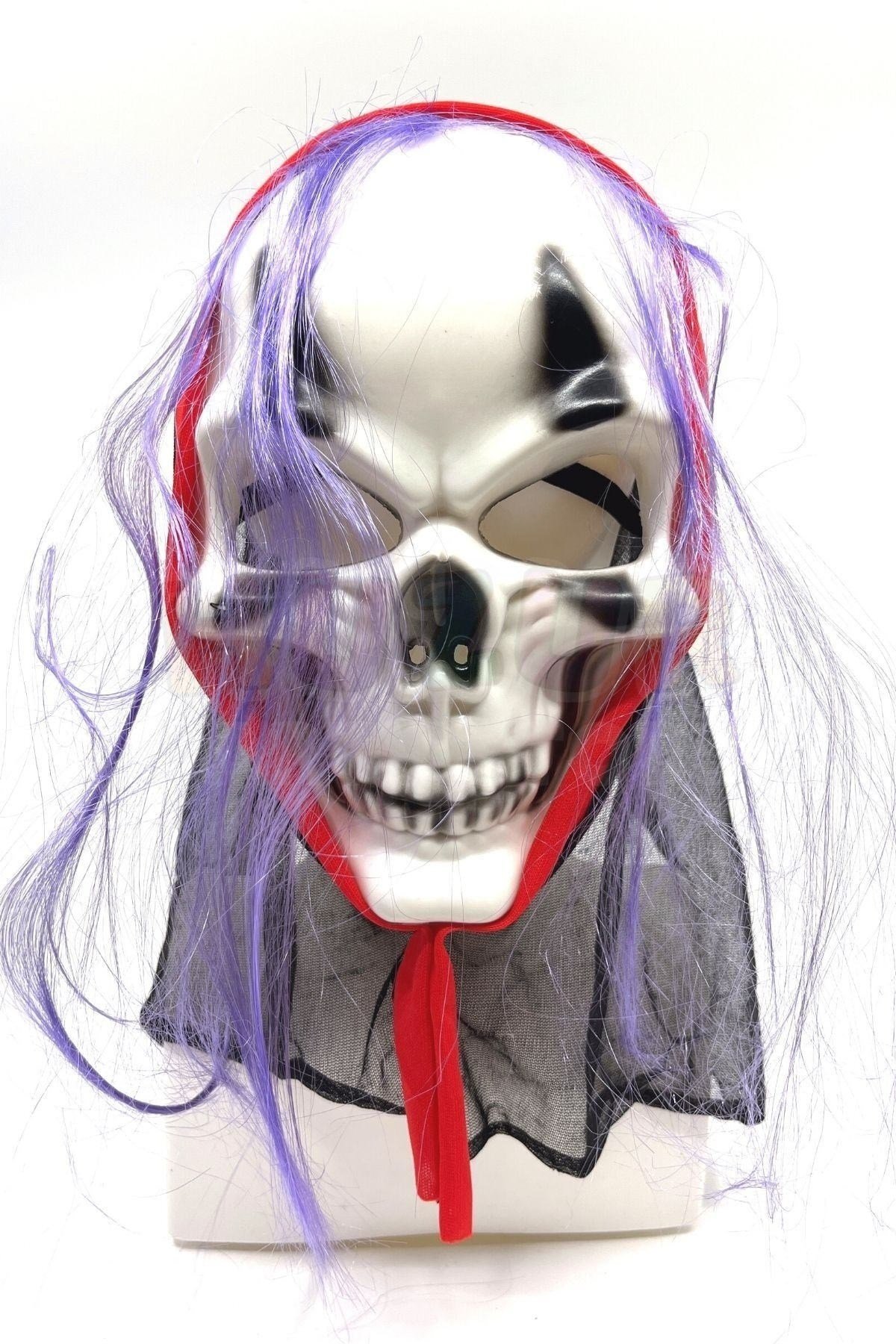 Mor Saçlı Kuru Kafa Maske Halloween Partisi Cadılar Bayramı Siyah Tüllü Her Kafaya Uygun Unisex
