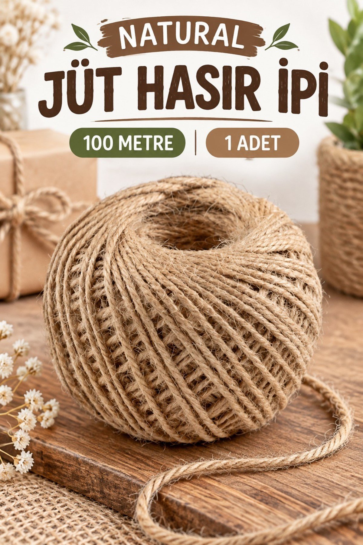 Natural Jüt Hasır Süsleme İpi 100 Metre 1 Adet Hobi El İşi Paketleme Dekorasyon Kendin Yap Malzemesi