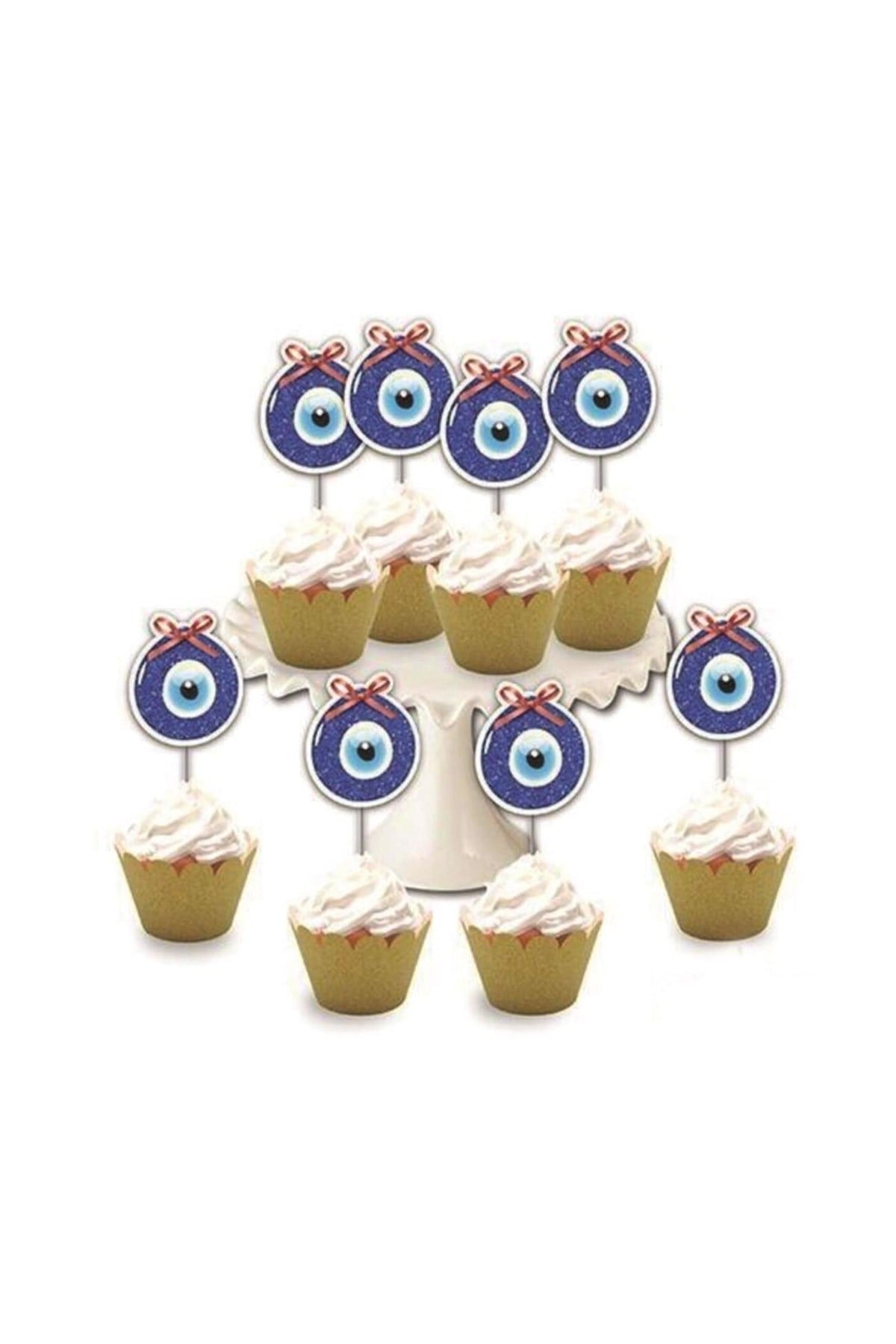 Nazar Boncuğu Temalı 8li Simli Deluxe Muffin Kalıbı Kürdanı Ikramlık Dekoratif Konsept