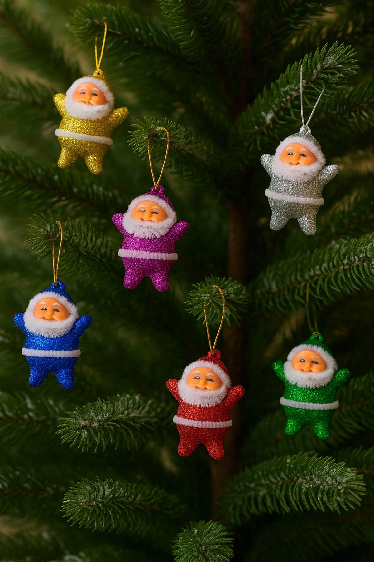 Noel Baba Yılbaşı Çam Ağacı Süsü 6lı 5 Cm Karışık Renk Simli Kıyafetli Beyaz Sakallı Yeni Yıl Süsü