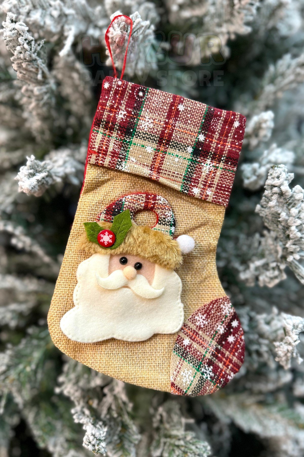 Noel Baba Yılbaşı Peluş Çorap 21x15 cm Hasır Renkli Ekoseli Yeni Yıl Çam Ağacı Asmalık Asılan Süs