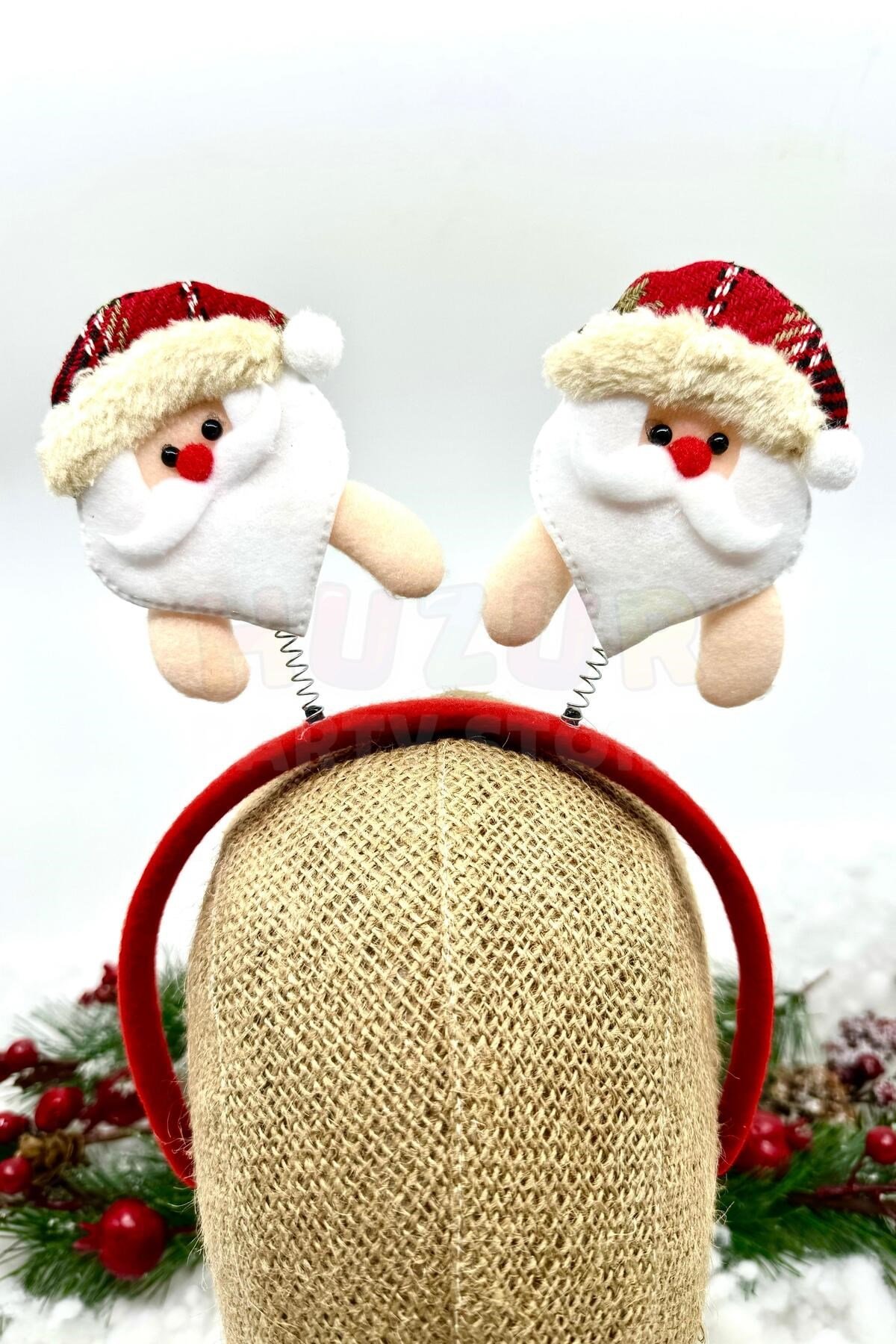 Noel Baba Yılbaşı Tacı Kırmızı Krem Ekoseli Canlı Renkli Noel Babalı Taç Yeni Yıl Konsept Aksesuarı