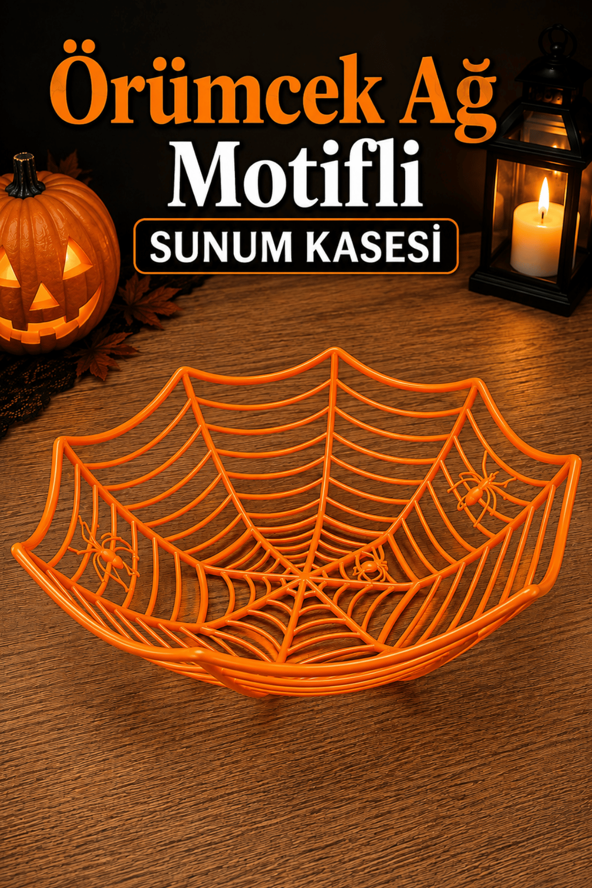 Örümcek Ağı Motifli Sunum Kasesi Turuncu  Halloween Cadılar Bayramı Şekerlik Parti Dekor Aksesuarı