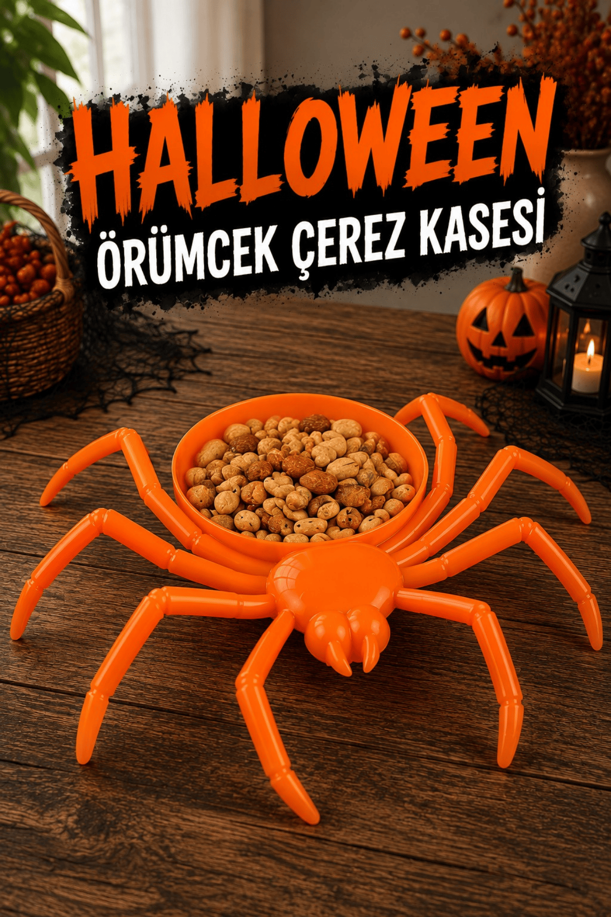 Örümcek Figürlü Çerez Kasesi Turuncu Halloween Cadılar Bayramı Şekerlik Parti Sunum Dekor Aksesuarı