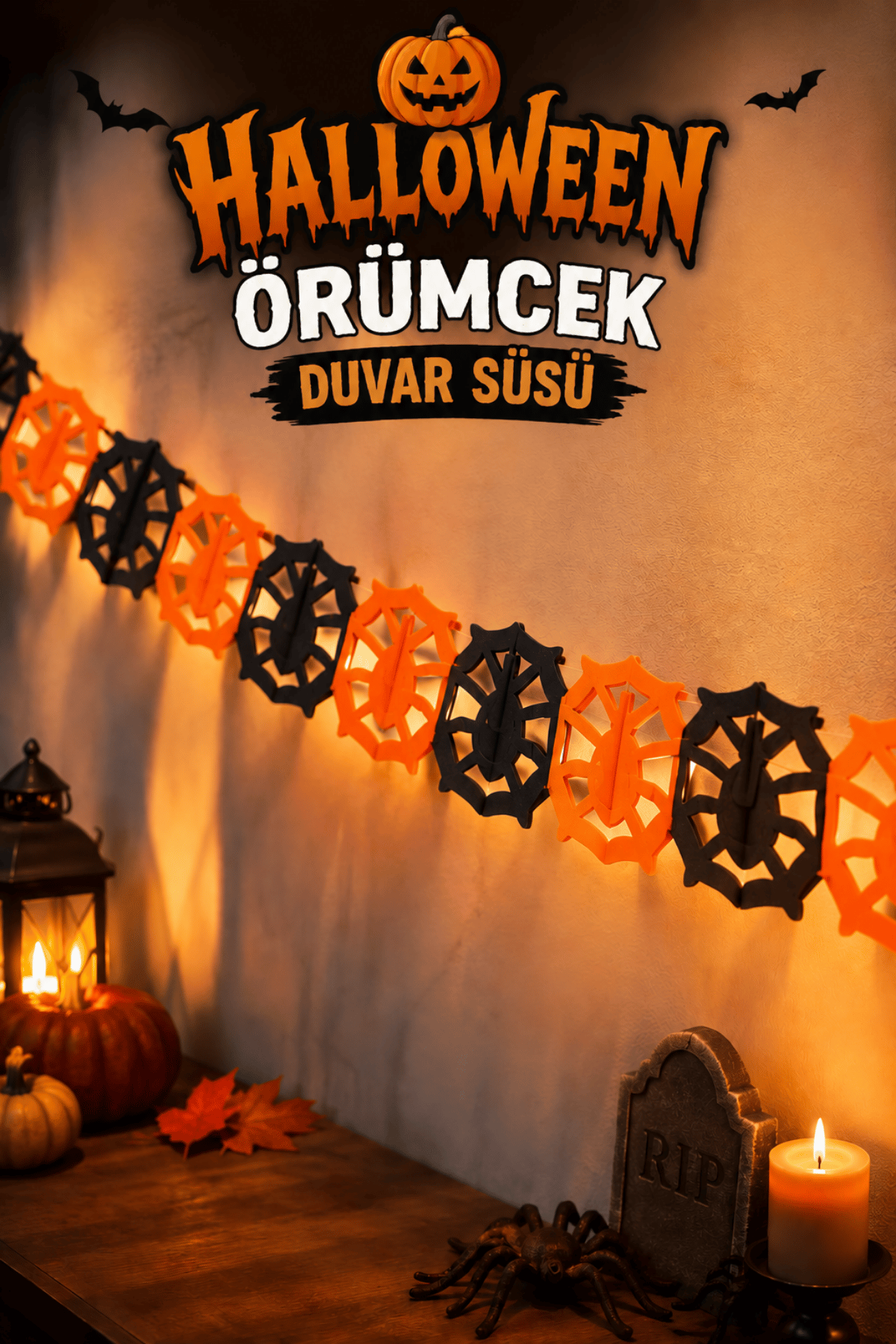 Örümcek Uzar Süs Turuncu Ve Siyah Renkli Halloween Partisi Cadılar Bayramı Konsepti Kağıt 180 Cm