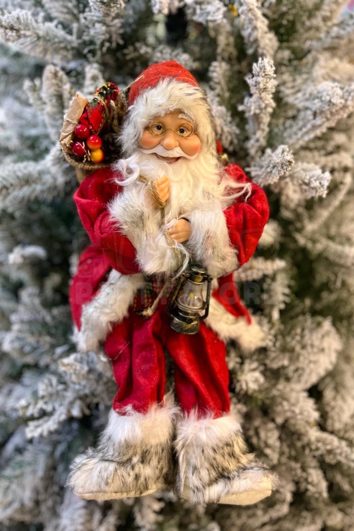 Oturan Noel Baba 45 Cm Kırmızı Kürklü Gaz Lambası Hediye Dolu Torba Detaylı Oturabilen Yılbaşı Dekor