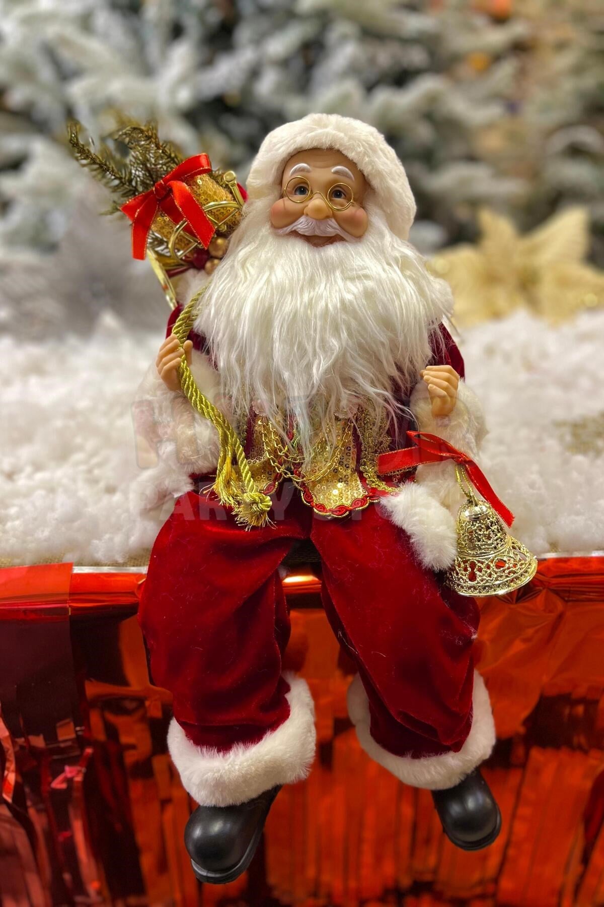 Oturan Noel Baba 45 Cm Kırmızı Kürklü Gold Çanlı Hediye Torbalı Oturabilen Yeni Yıl Yılbaşı Süsü