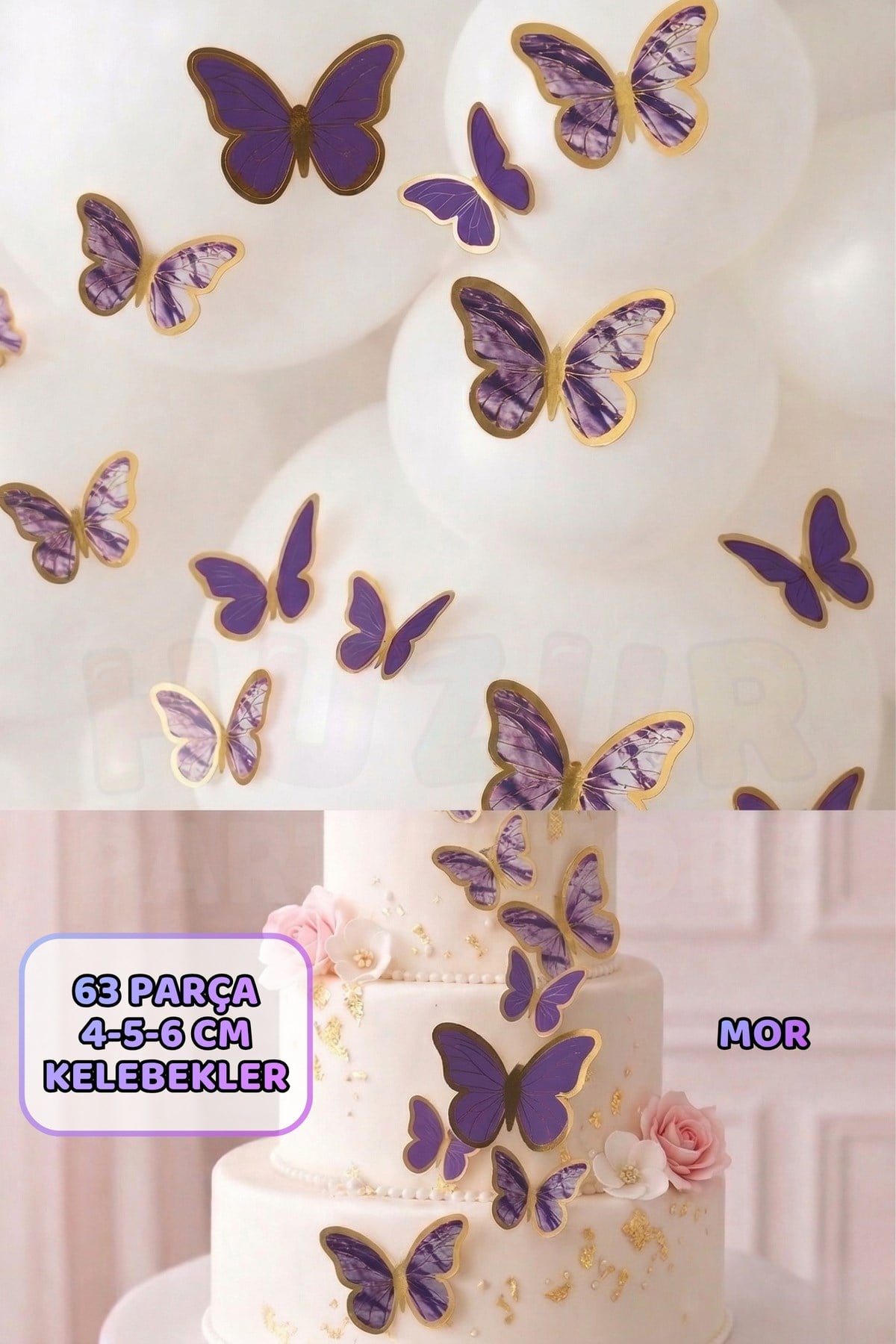 Pasta ve Balon Zinciri Süsü Mor Kelebek 63 Parça 4-6 Cm Parlak Gold Yaldızlı Sert Karton Parti Süs