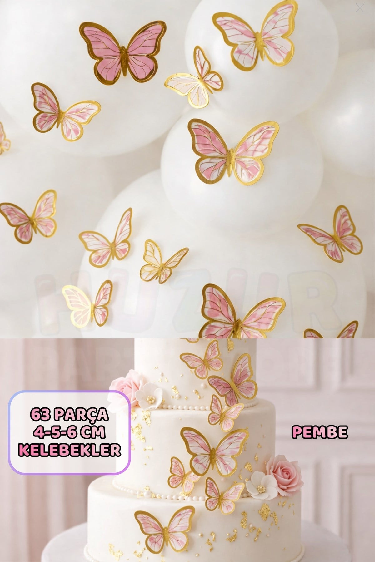 Pasta ve Balon Zinciri Süsü Pembe Kelebek 63 Parça 4-6 Cm Gold Yaldızlı Sert Karton Parti Süs