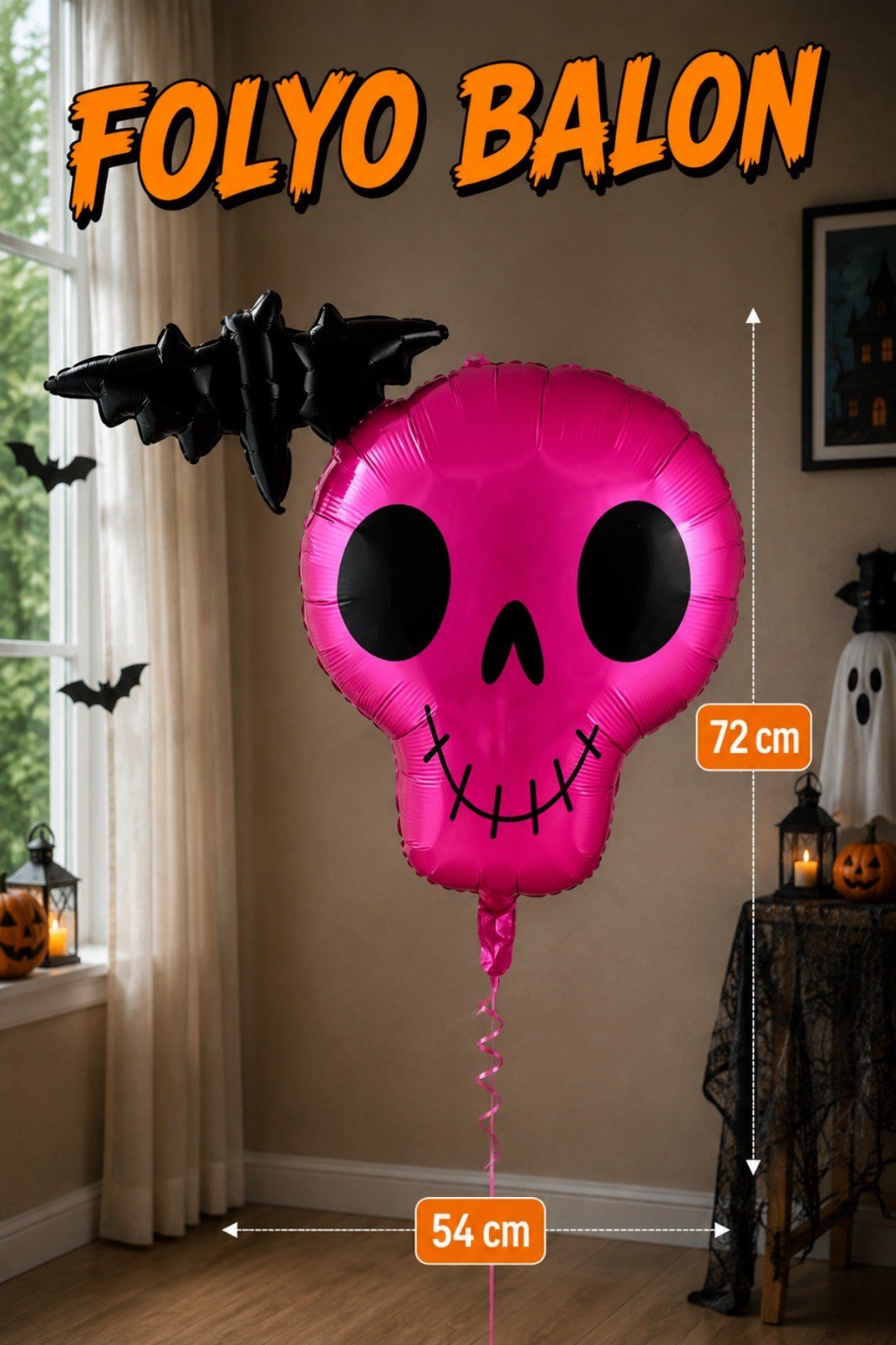 Pembe Kurukafa Yarasa Folyo Balon 54x76 Cm Halloween Partisi Cadılar Bayramı Balonu