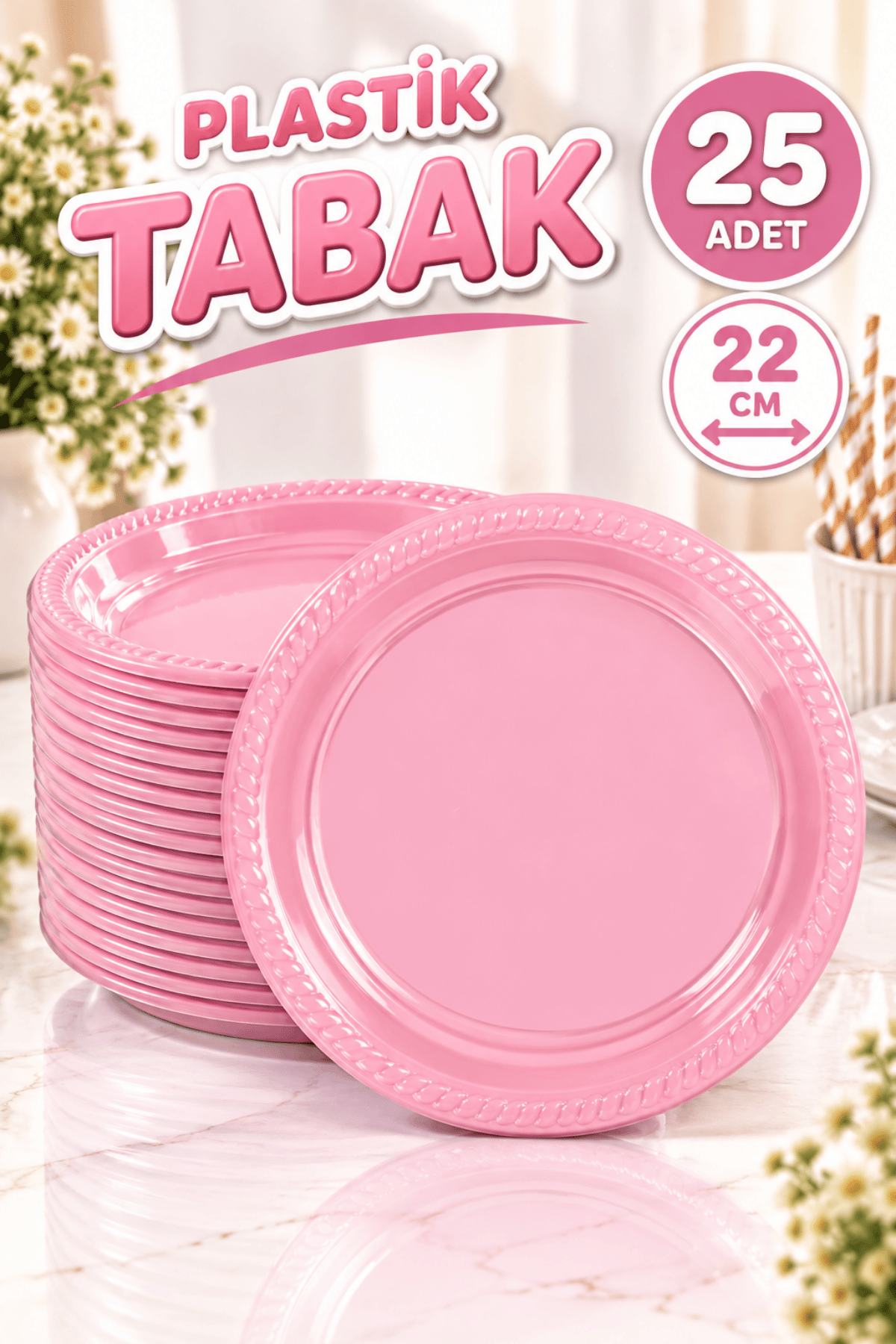 Pembe Renginde 22cm 25li Parlak Tabak Renkli Dayanıklı Plastik Doğum Günü Parti Tabağı