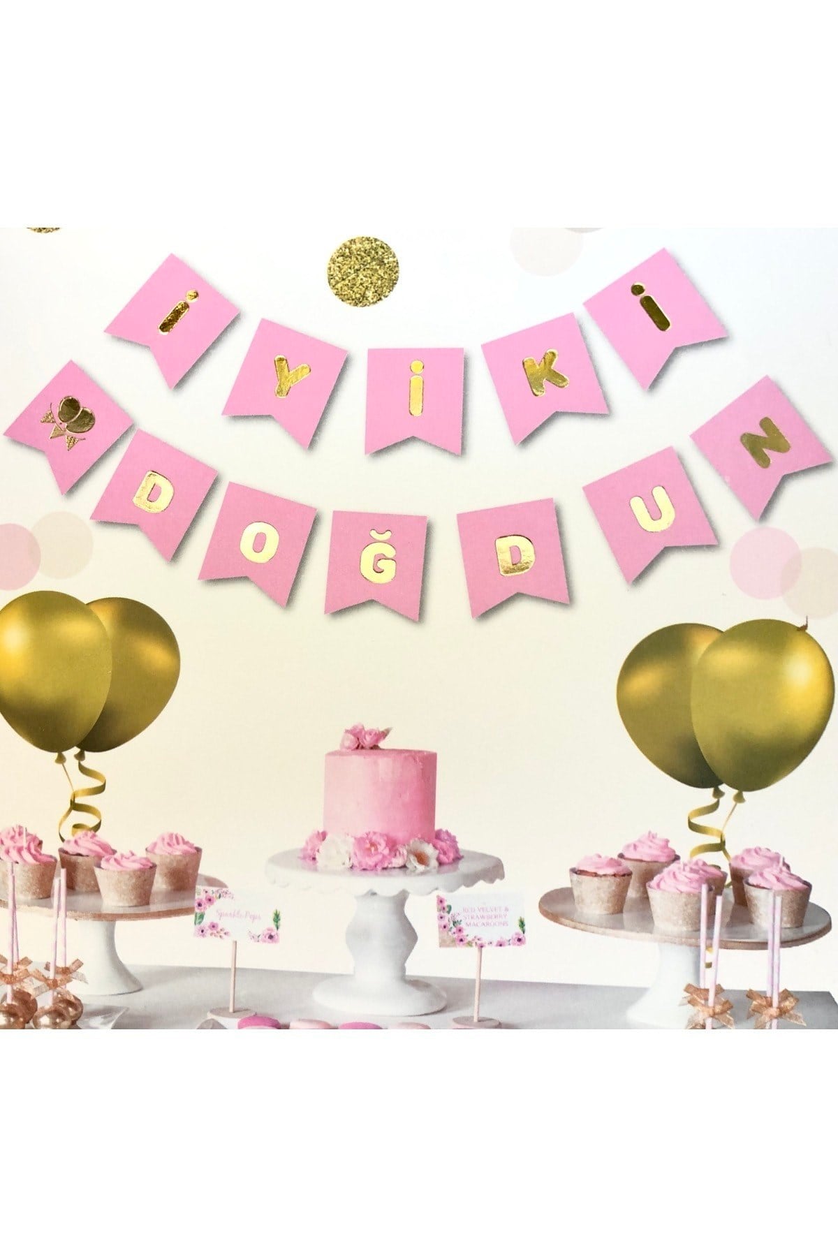 Pembe Üstüne Gold Altın Sarısı Yaldızlı Iyiki Doğdun Yazılı Doğum Günü Partisi Karton Yazı Banner